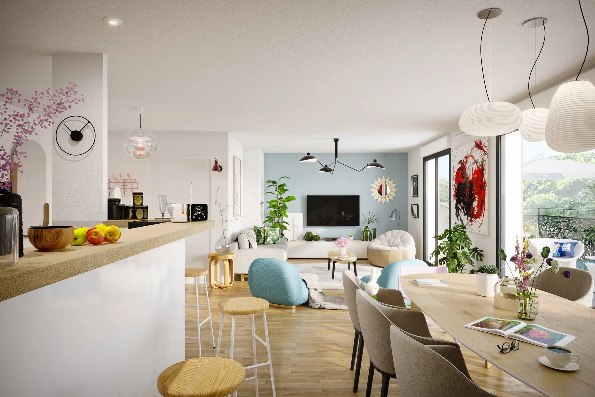 Appartement lumineux avec salon, salle à manger et cuisine visibles, décor moderne avec plantes, œuvres d'art, fauteuils colorés et balcon avec vue sur la nature.