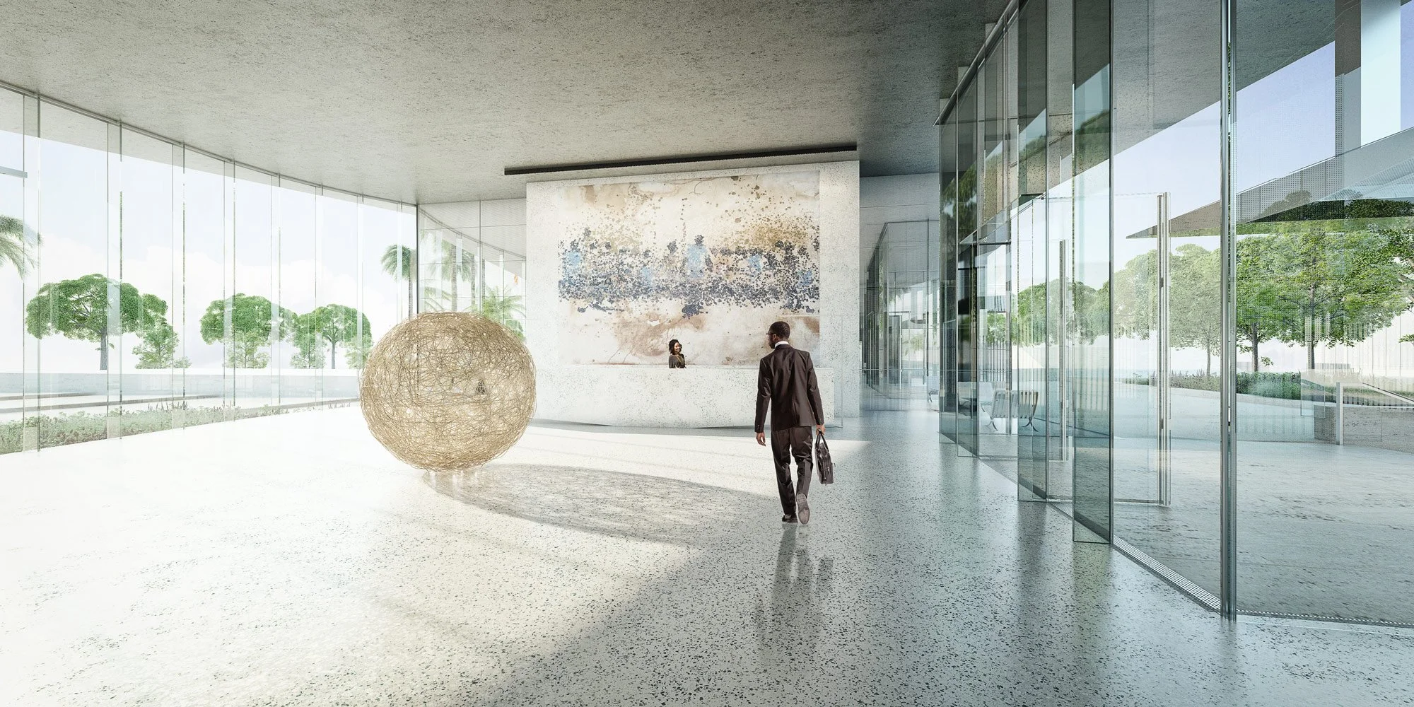 Lobby d'un bâtiment moderne avec un homme tenant une mallette, une réceptionniste derrière le comptoir, une sculpture spherical en fil de fer, grandes fenêtres laissant entrer la lumière, et des arbres visibles à l'extérieur.