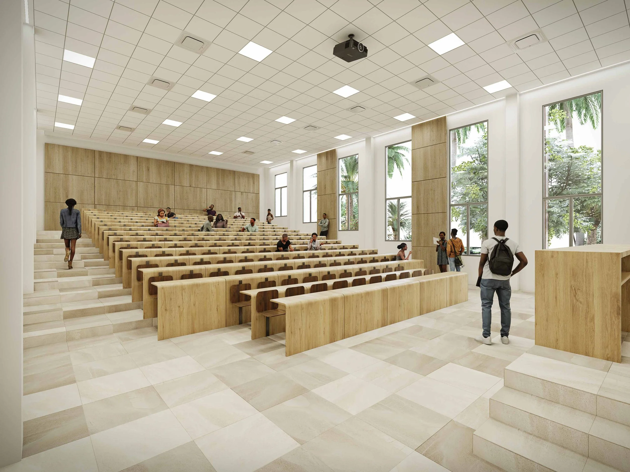 Une salle de classe ou auditorium moderne avec des sièges en bois et des grandes fenêtres laissant entrer beaucoup de lumière naturelle. Des personnes sont assises ou se déplacent dans la pièce.