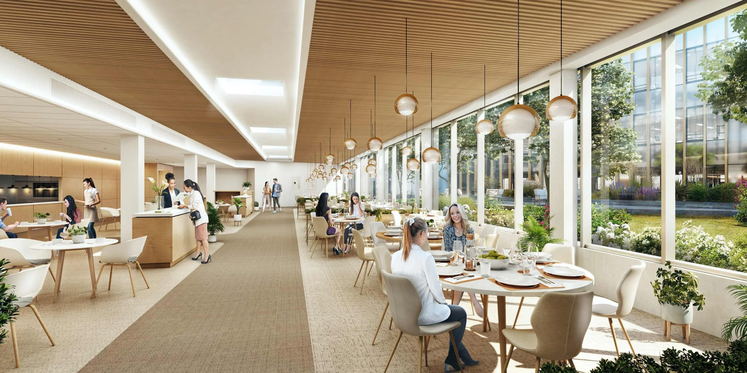 Salle de restaurant lumineuse avec grandes fenêtres, tables rondes avec vaisselle, plantes vertes, et personnes dégustant des repas, ambiance chaleureuse