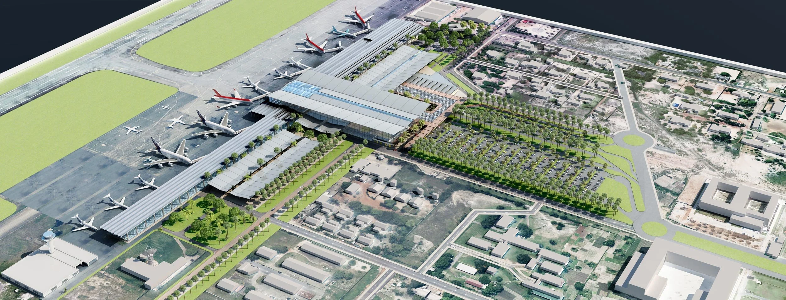 Plan d'aéroport avec plusieurs avions stationnés, terminaux, parkings, et zones vertes avoisinantes.