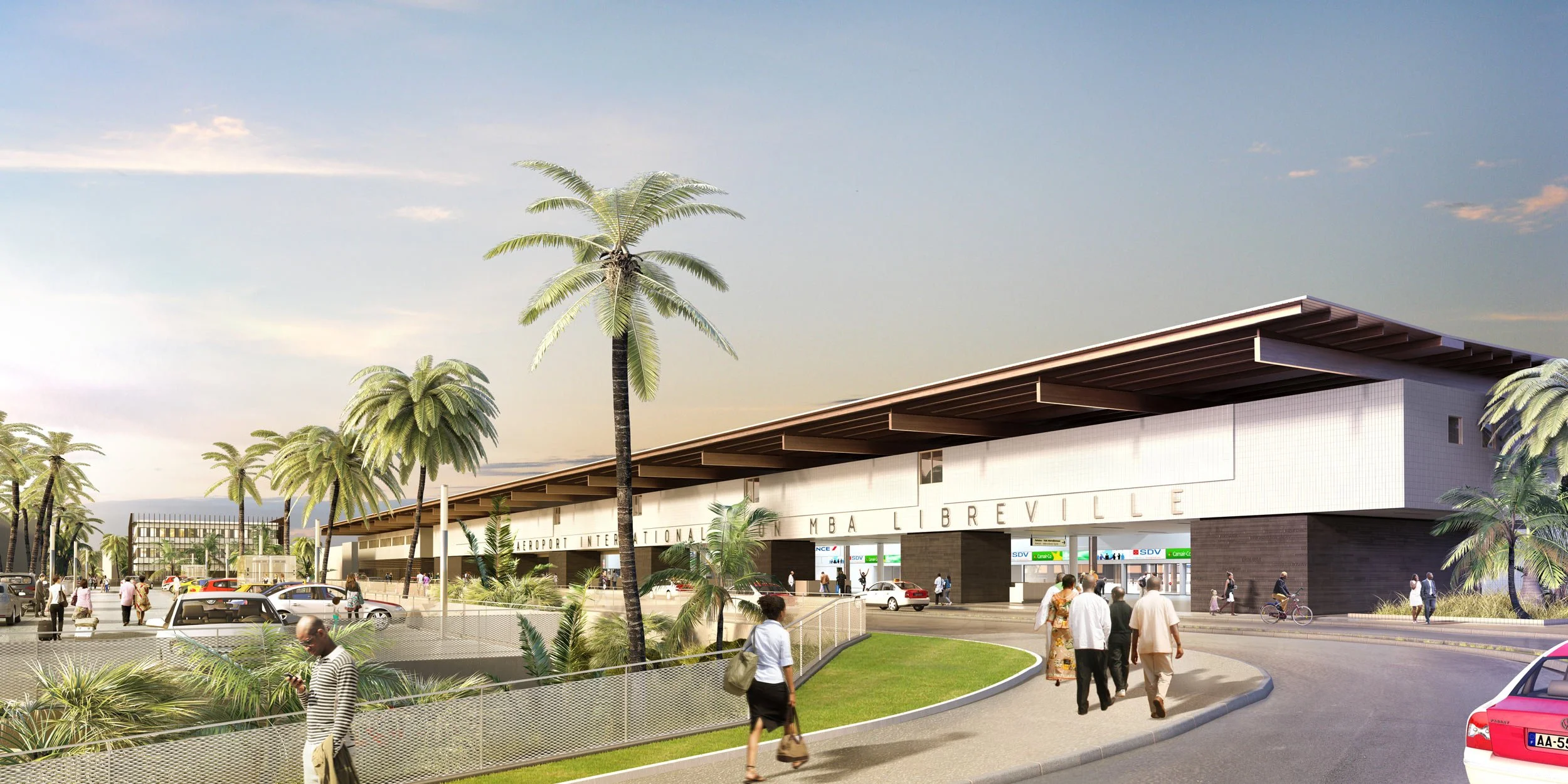 Conception architecturale de l'aéroport international de Libreville avec des palmiers et des personnes marchant en dehors du bâtiment.