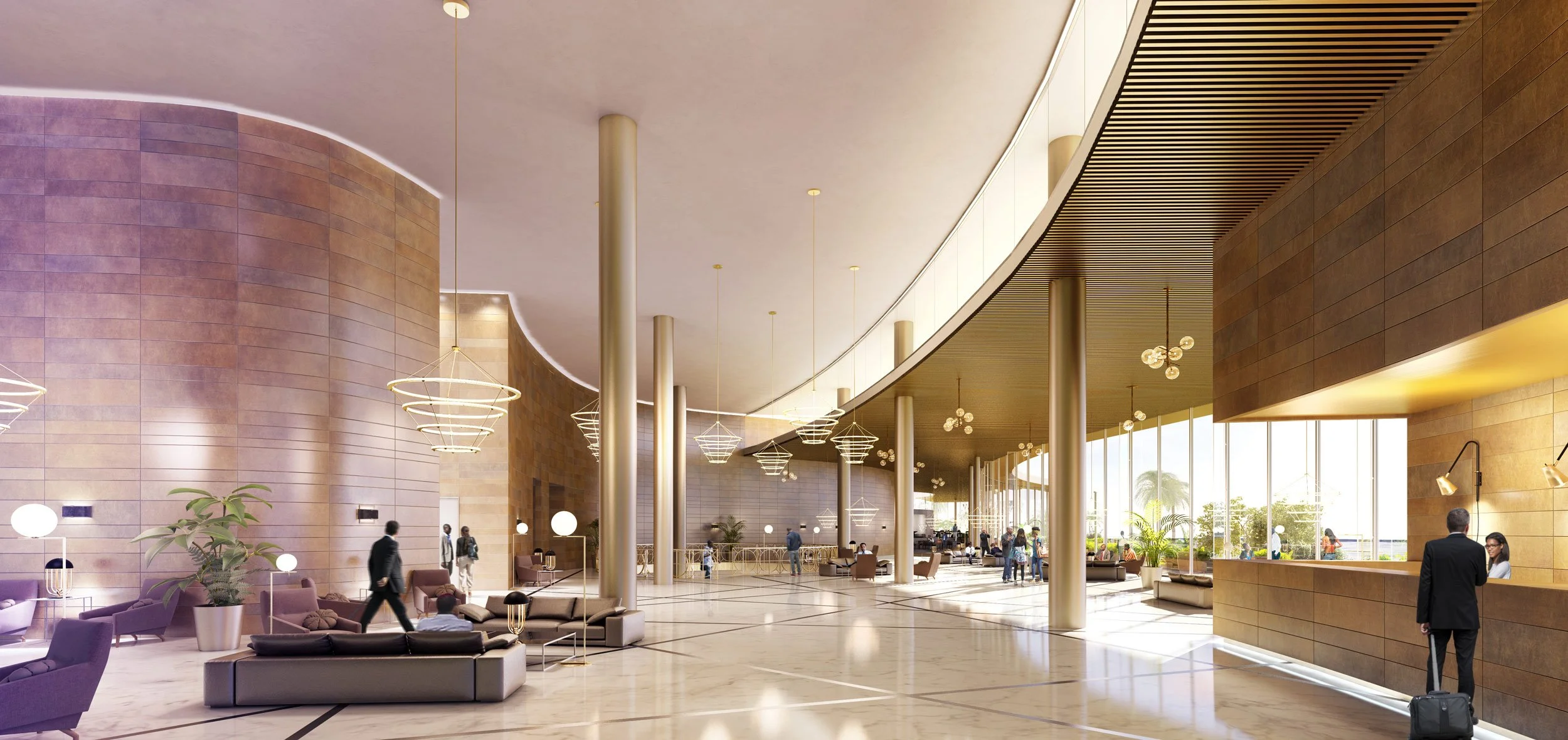 Hall d'hôtel spacieux avec des luminaires modernes, des murs en pierre, un comptoir d'accueil en bois, des fauteuils et des plantes, avec de grandes fenêtres laissant entrer la lumière naturelle.