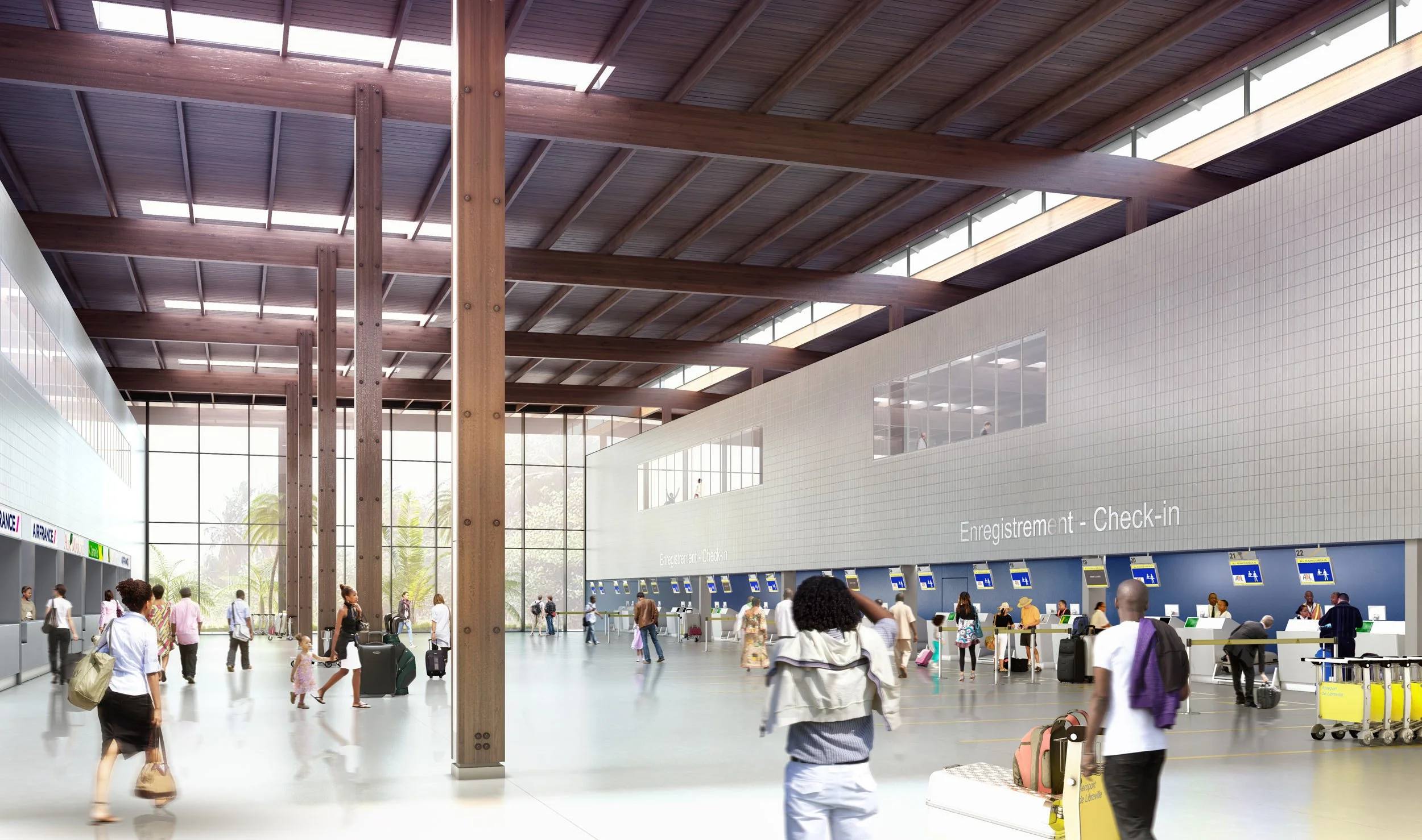 Intérieur moderne d'un aéroport avec des comptoirs d'enregistrement, passagers avec valises, grands fenêtres, structure en bois et une zone d'inscription avec Check-in et Enregistrement.
