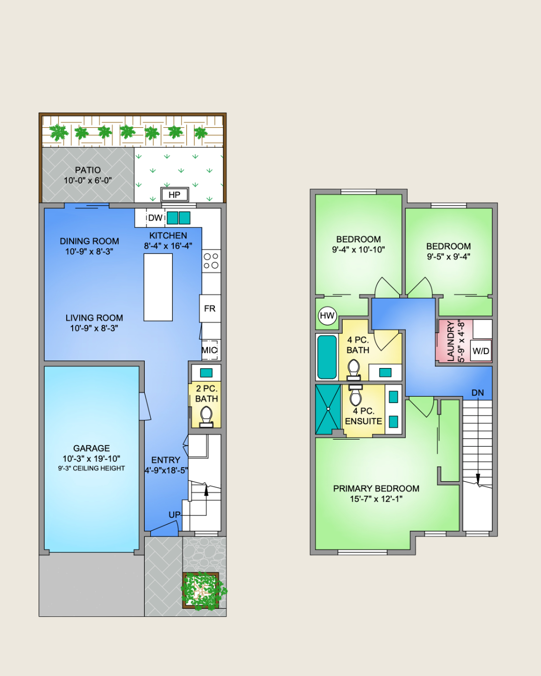 Floor plan of a two-story house showing rooms, including living room, dining room, kitchen, garage, patio, bedrooms, bathrooms, laundry room, primary bedroom, staircase, and outdoor patio area.