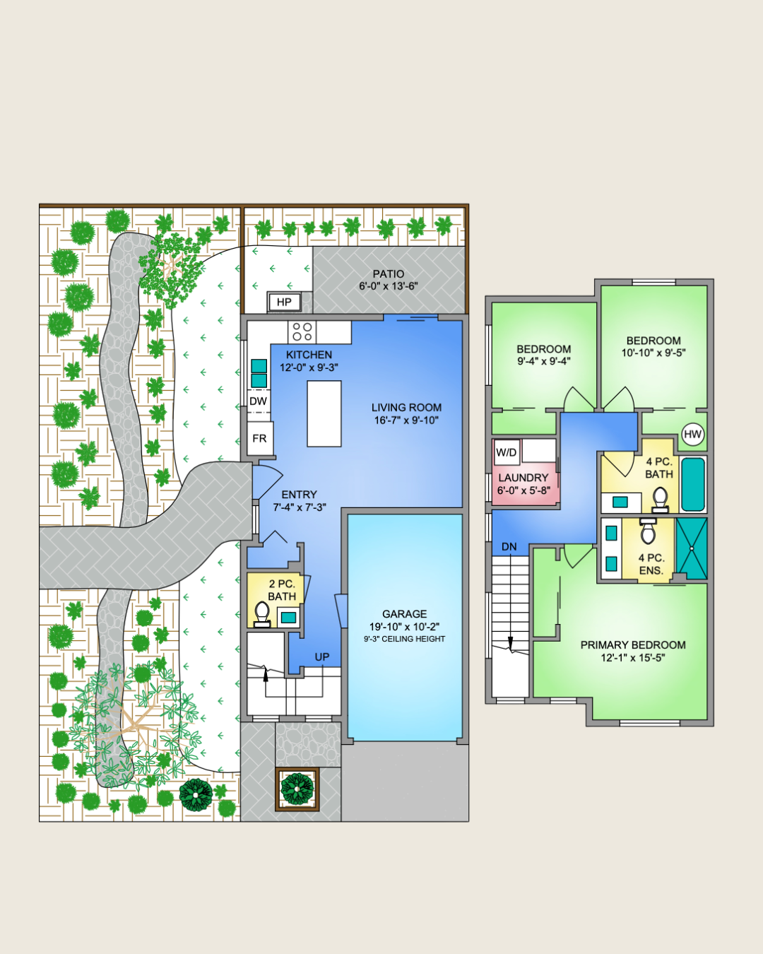 Floor plan of a house with labeled rooms including living room, kitchen, bedrooms, bathrooms, garage, laundry, patio, and landscaping.