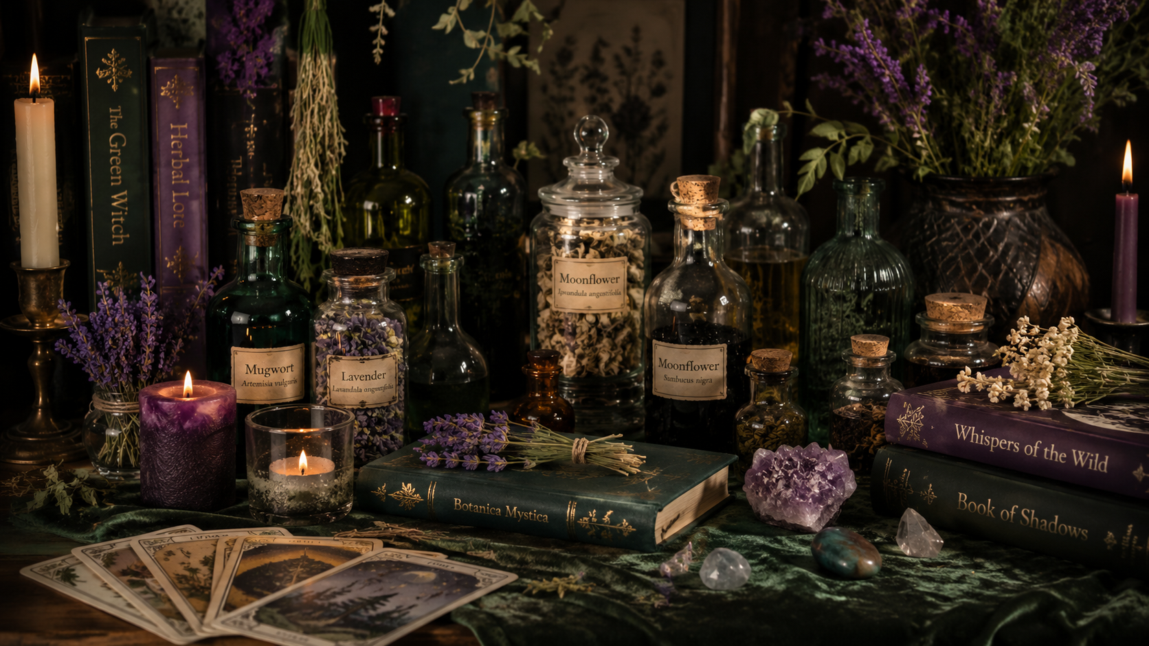 A mystical altar decorated with candles, tarot cards, books, and various bottles of herbs and oils, featuring purple and green tones with flowers and crystals.