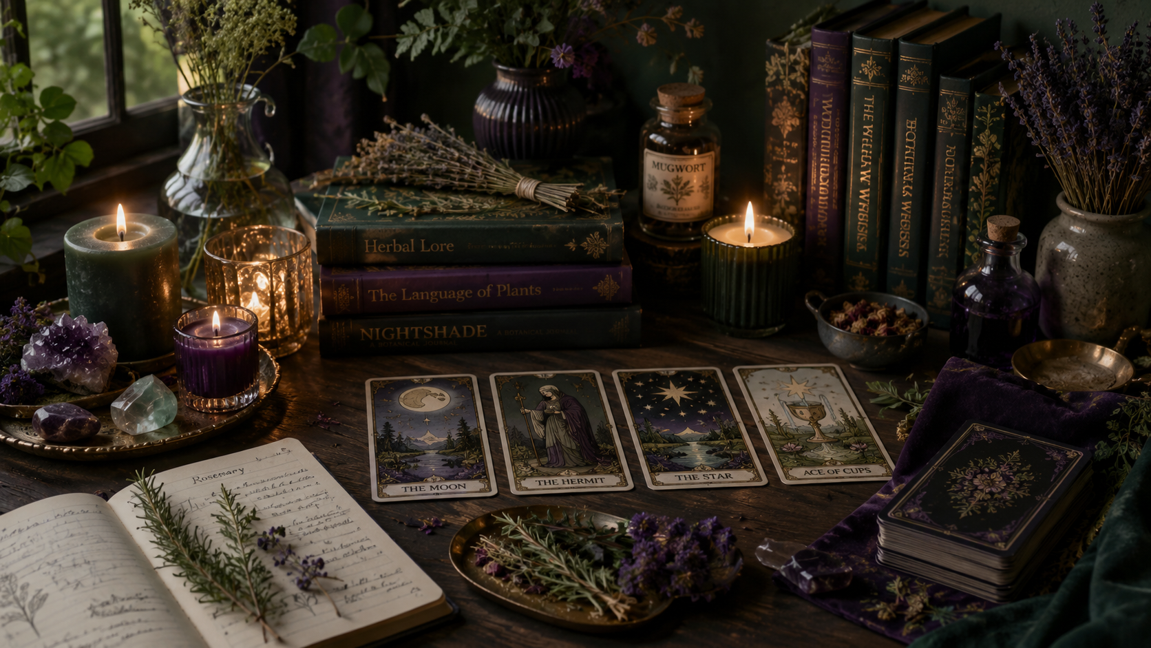 A mystical setup with tarot cards, candles, books about herbs and plants, crystals, dried herbs, and journals, creating a witchcraft or divination scene on a wooden table by a window.