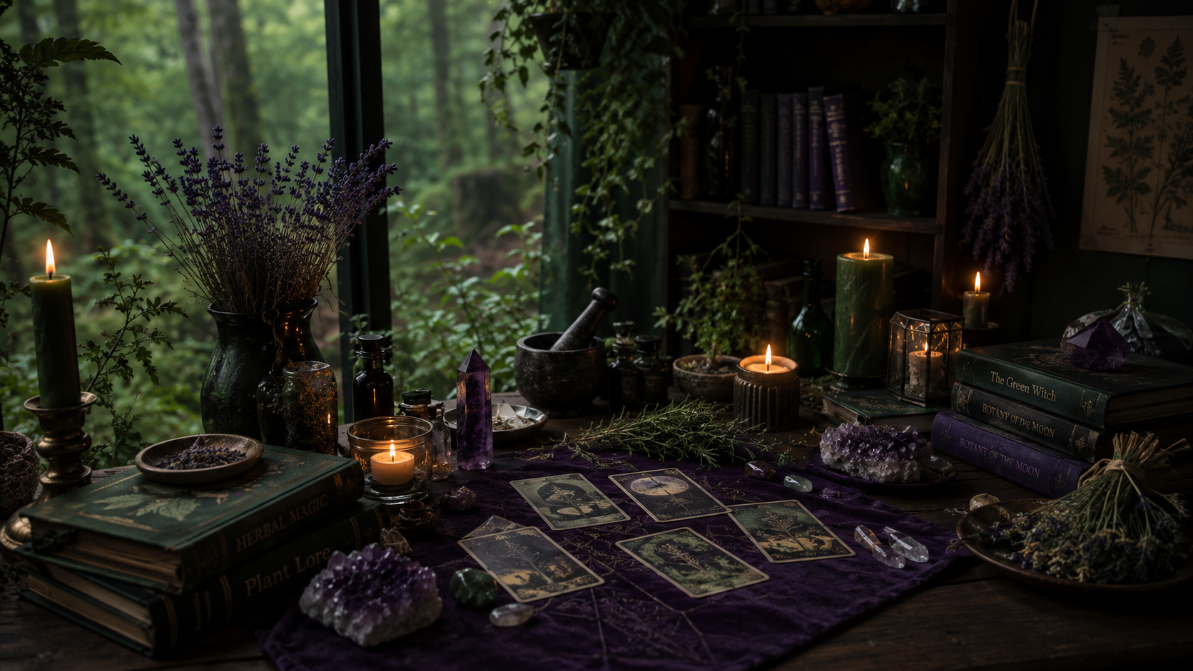 A mystical altar outdoors with candles, tarot cards, herbs, crystals, and botanical books among greenery.