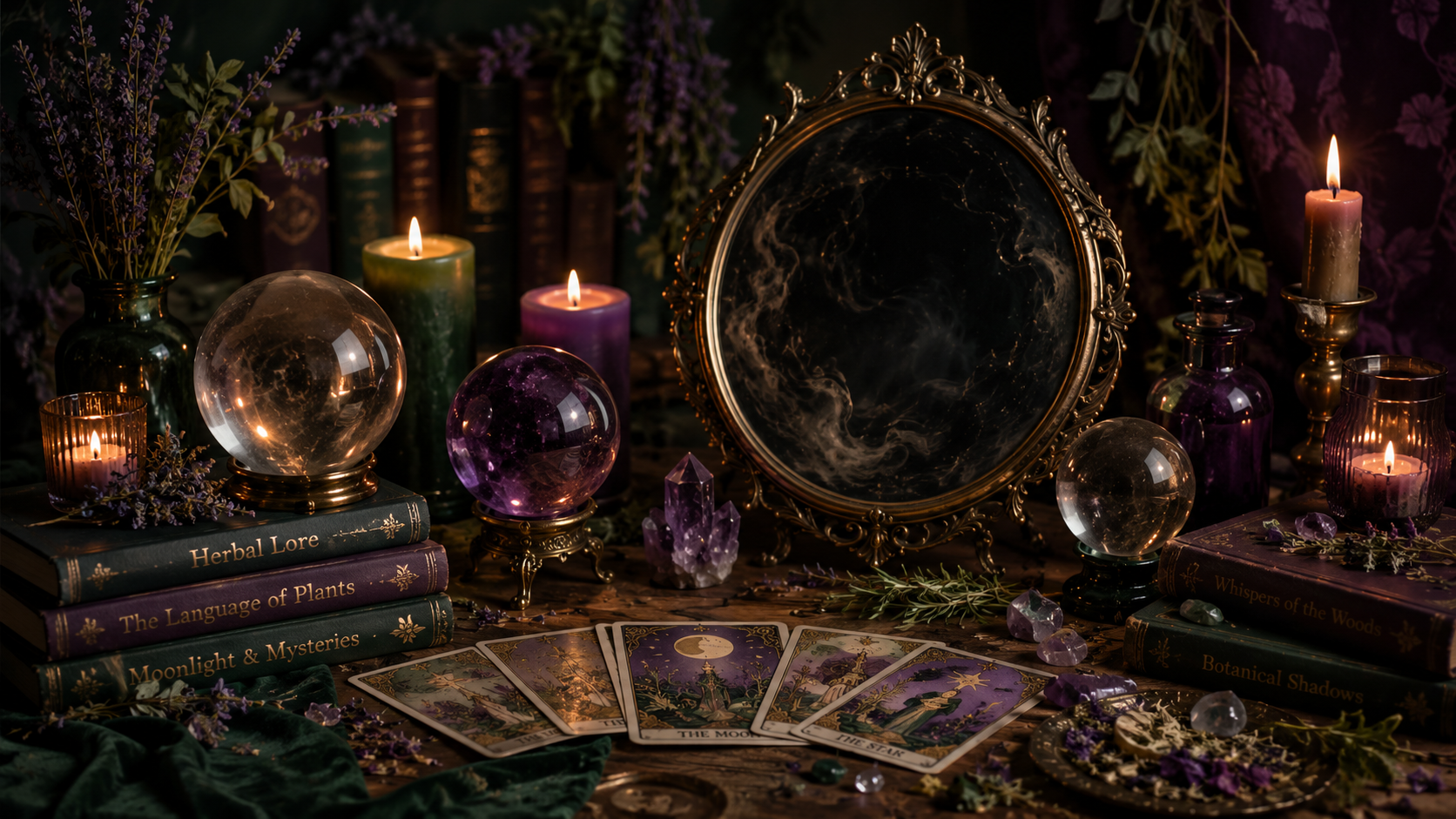 A mystical tabletop scene with tarot cards, candles, crystals, and books, surrounded by flowers and a decorative mirror.