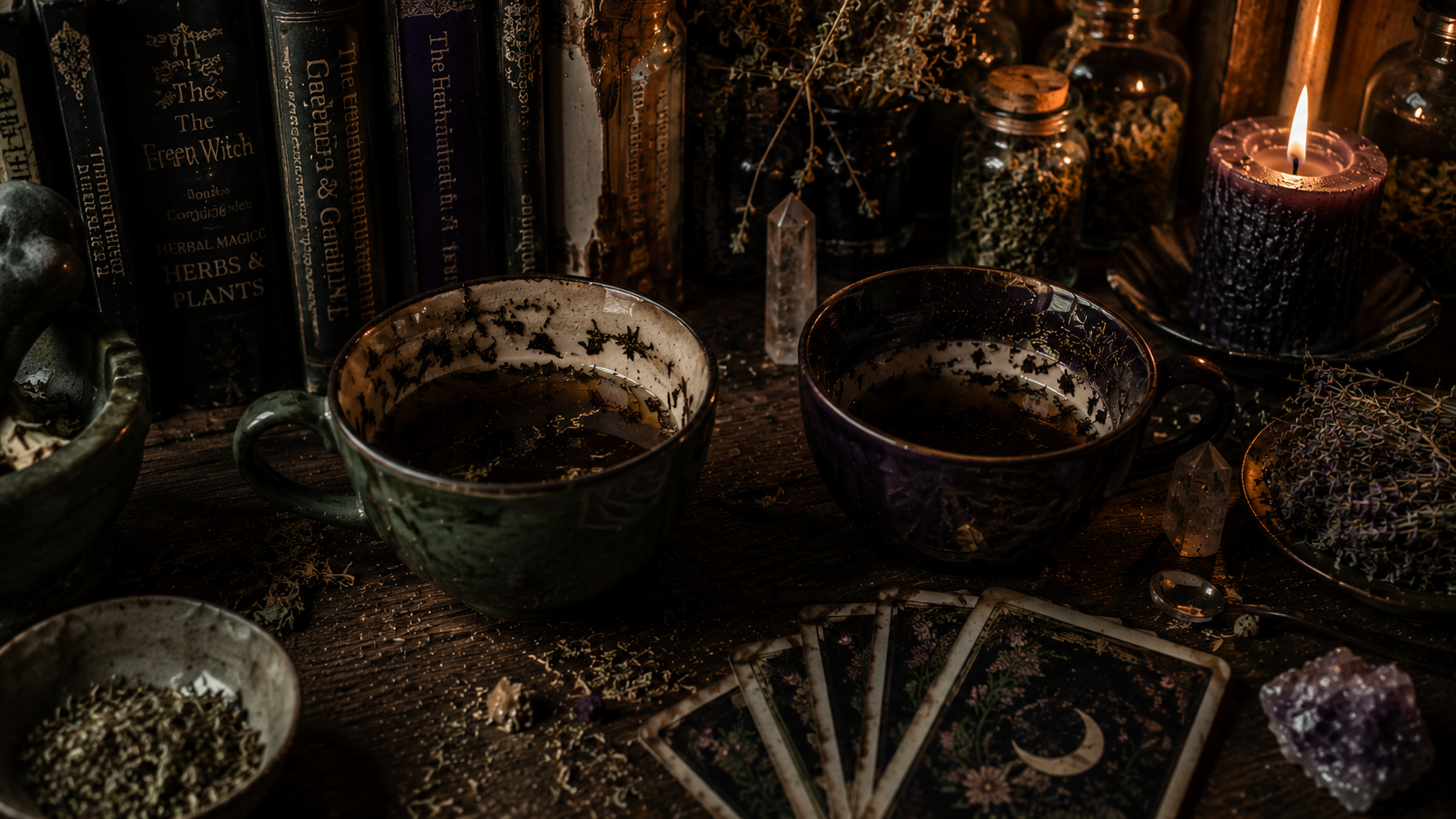 A dark, mystical scene with two cups of herbal tea, a burning candle, tarot cards, crystals, and jars filled with herbs on a wooden table, creating a witchcraft or tarot reading ambiance.