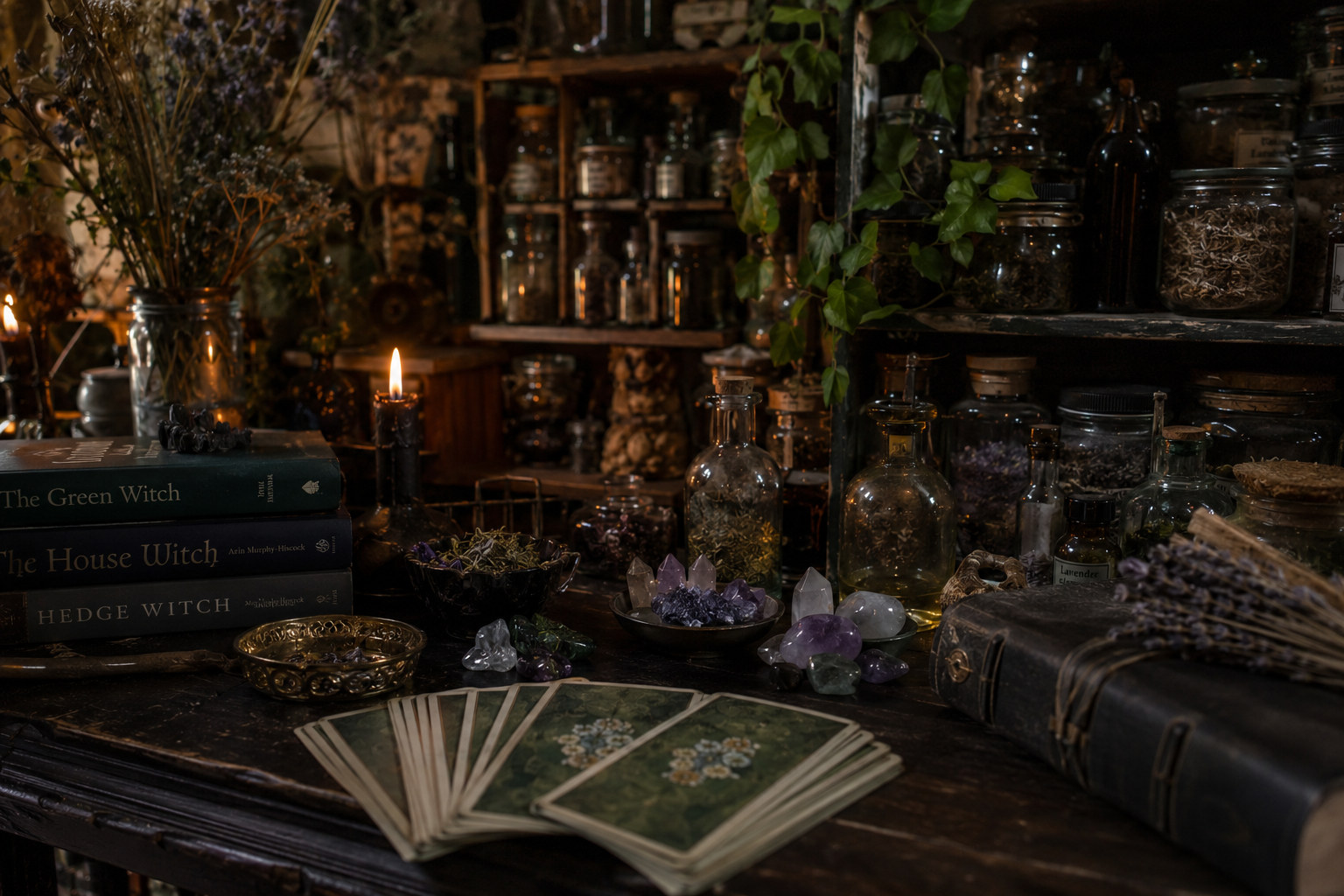 A mystical setup with books, candles, crystals, and herbs on a dark wooden table in a cozy, dimly lit room.