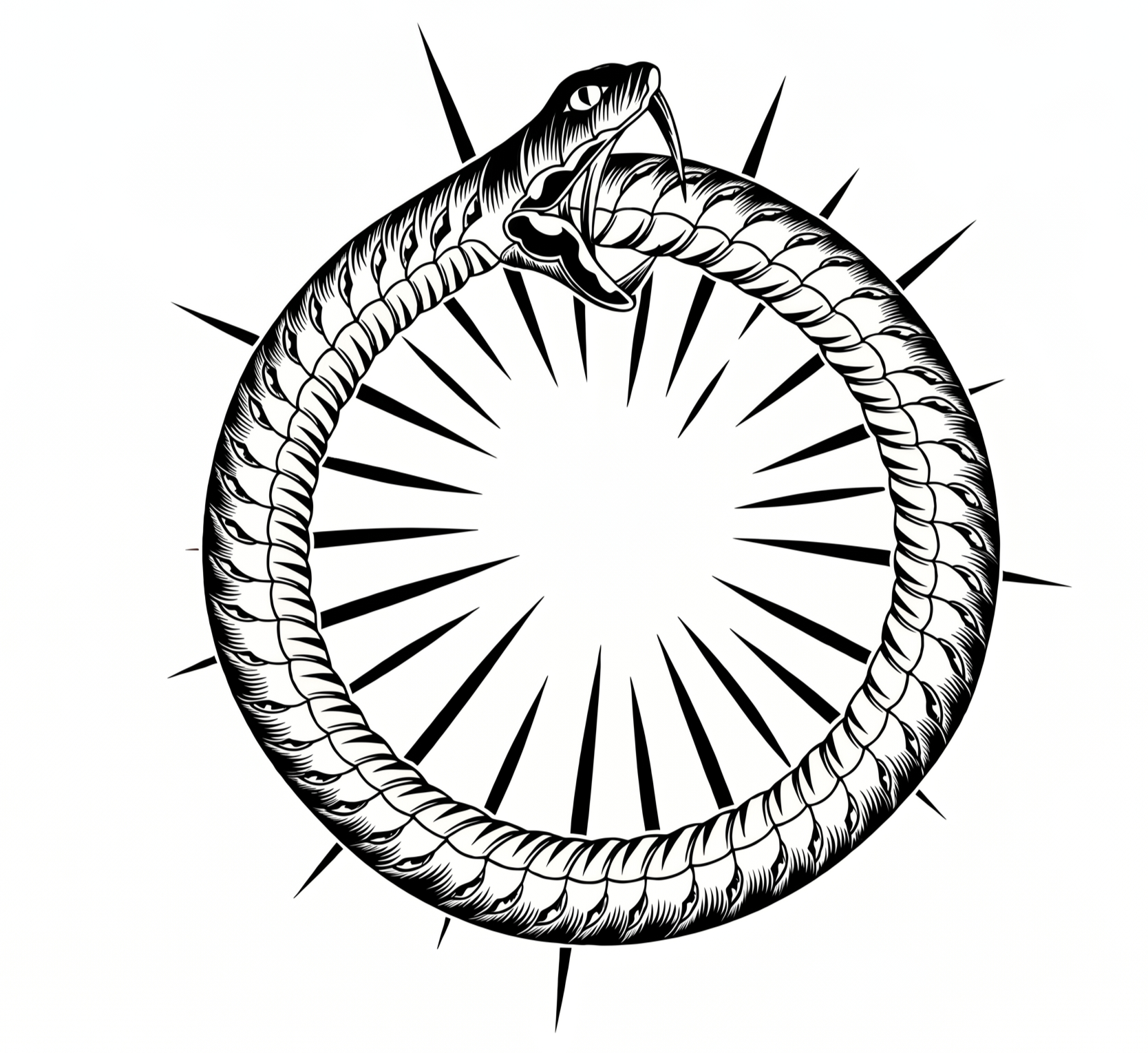Black and white illustration of a coiled snake with its mouth open, showing its fangs and tongue, encircling a radiating circular pattern.