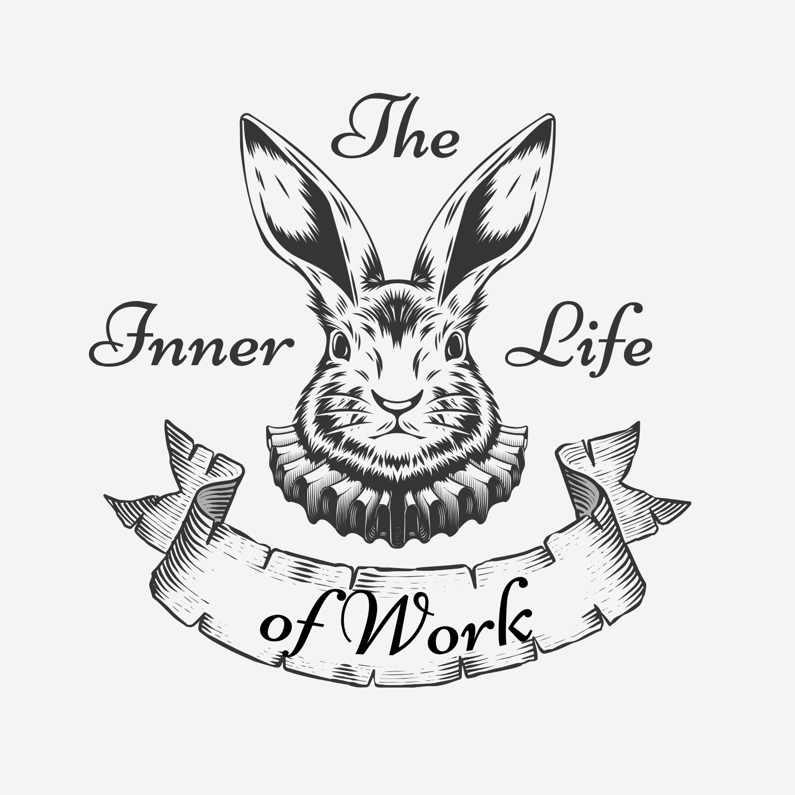 A black-and-white illustration of a hare with long ears, surrounded by a ribbon banner that reads 'of Work'. The text 'The Inner Life of Work' is placed around the hare with 'The' above and 'Inner Life' and 'of Work' below.