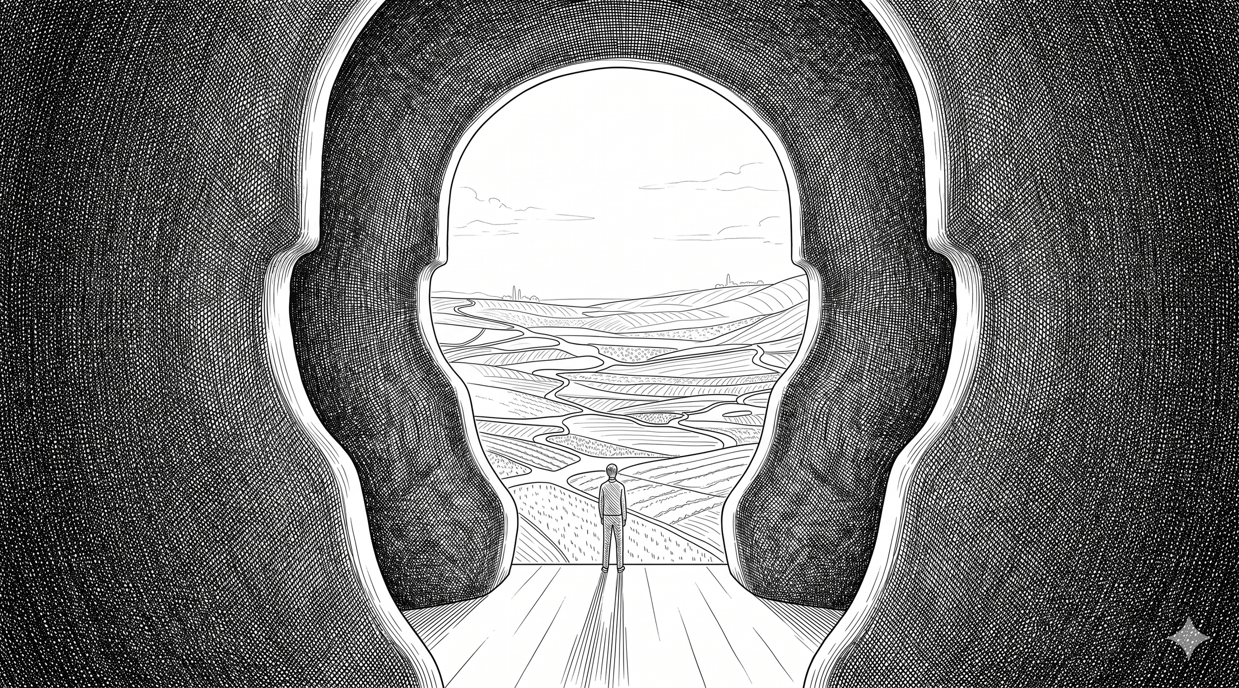 A person standing at a doorway, looking out through a large opening into a wide landscape of fields and rolling hills under a sky with some clouds.