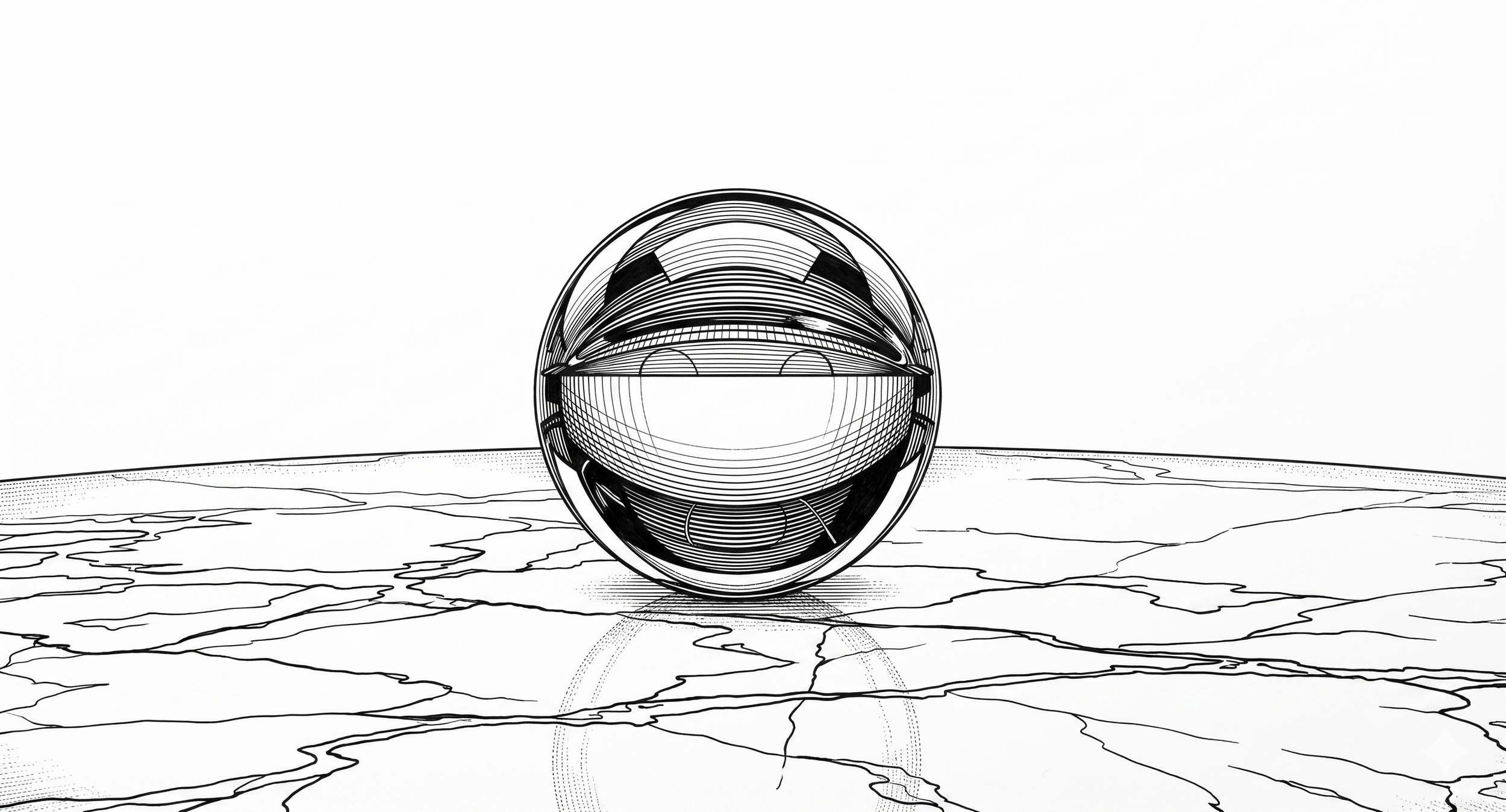 A reflective metallic sphere sitting on a wooden surface, with a simple background.