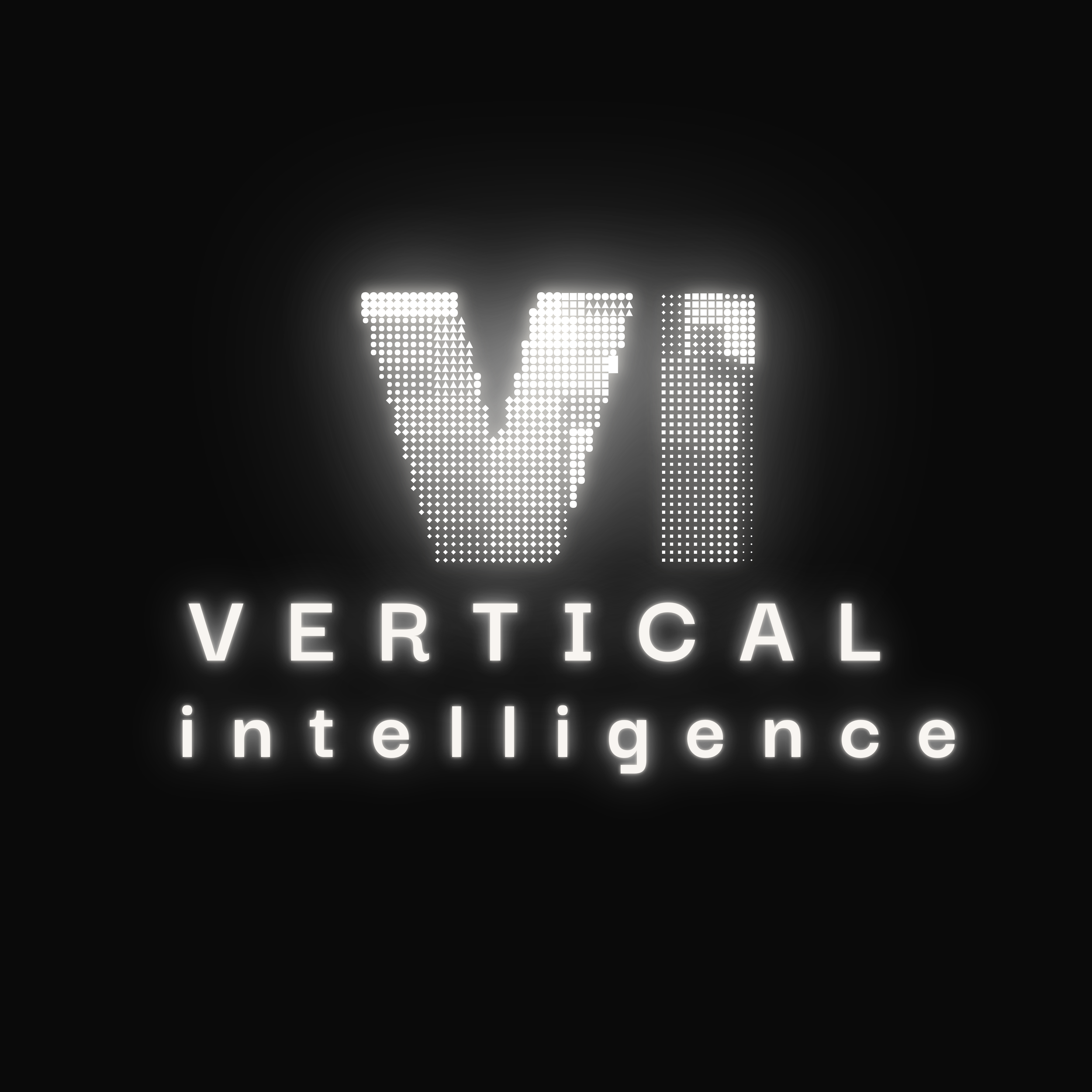 Bright white digital text of the word "VERTICAL" on a black background with a dot matrix style font and small letters spelling "intelligence" below.