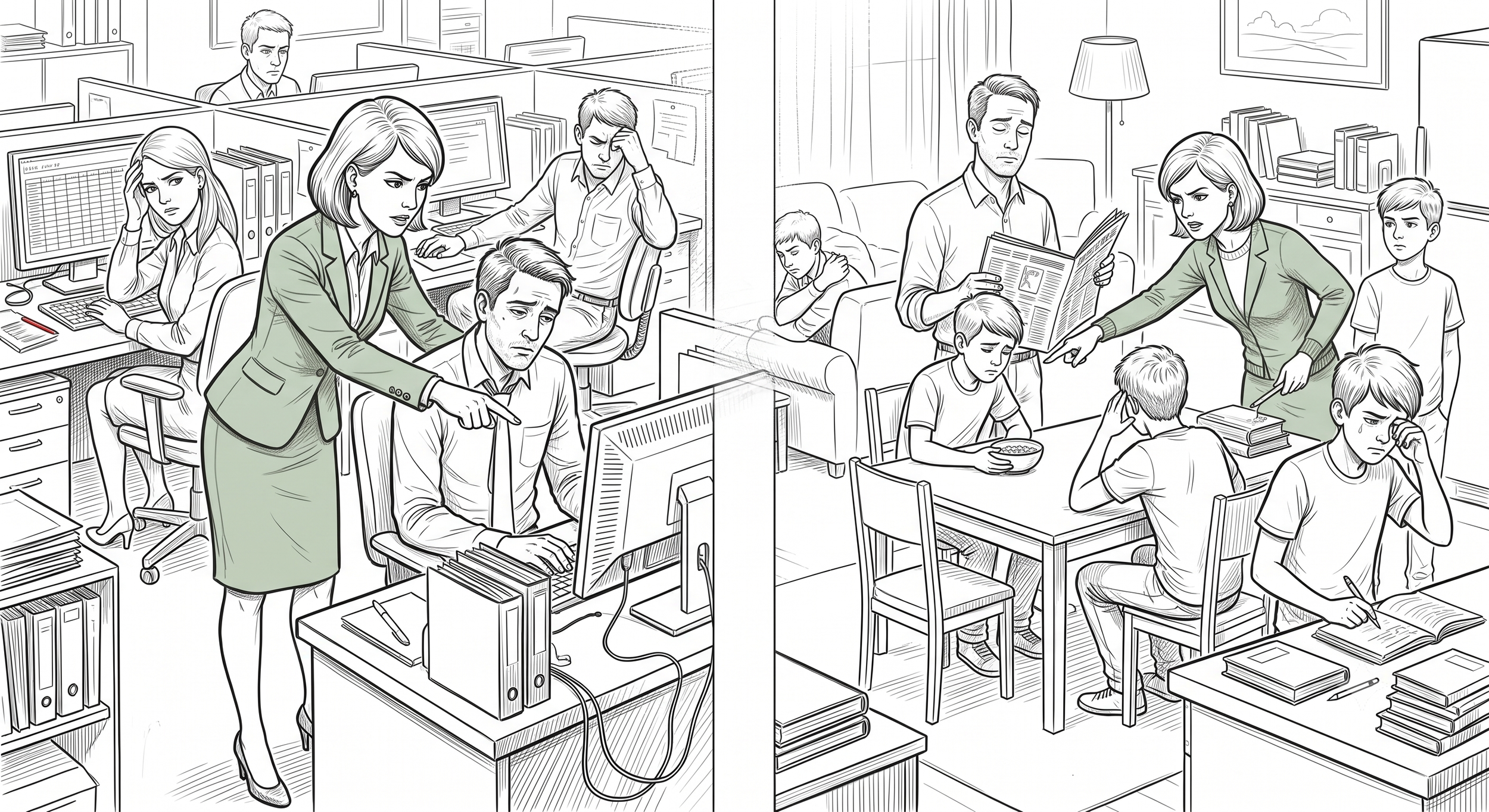 A black and white illustration of a crowded household divided into two parts; on the left, adults working at desks with computers, appearing stressed, with one woman pointing and others frustrated; on the right, children sitting at a table with a woman pointing at them and children looking bored or frustrated, in a living room with books and a lamp.