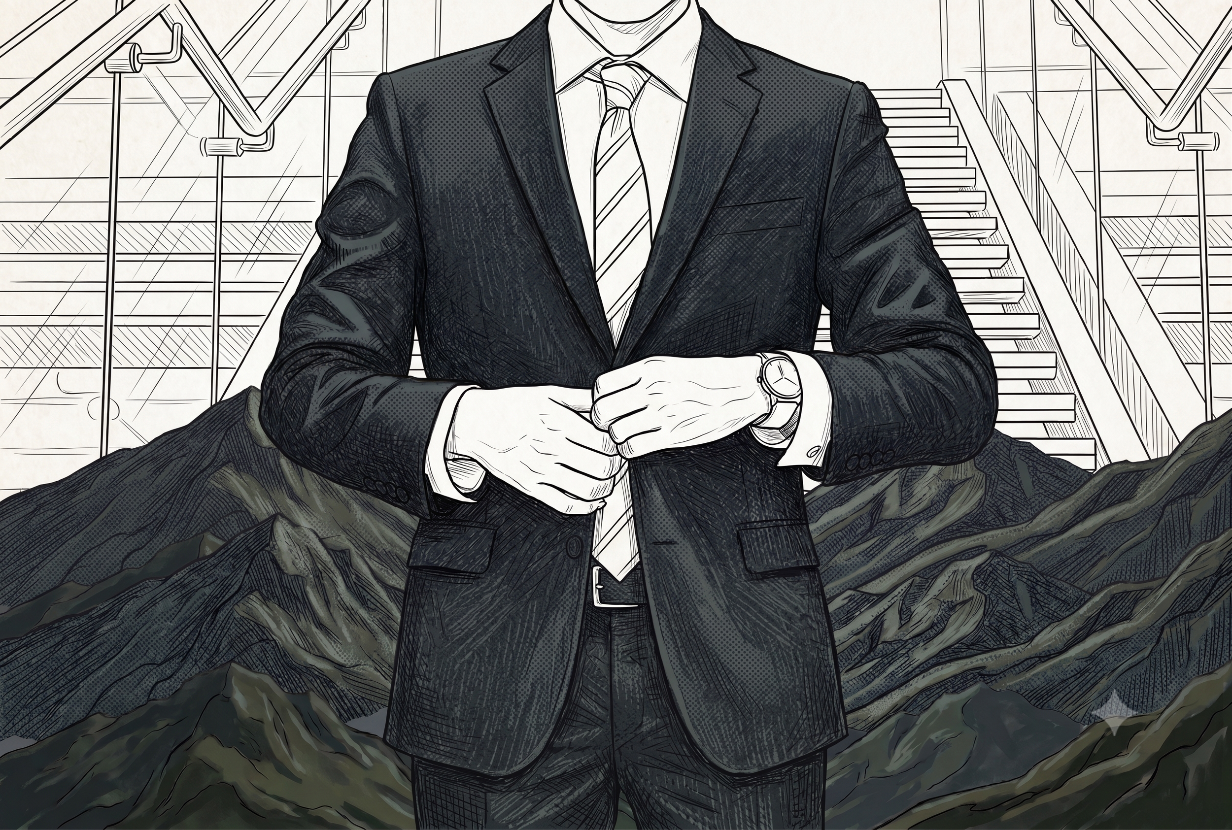 A cartoon-style illustration of a man in a suit with a white shirt and striped tie, standing with his hands clasped in front of him. The background features an abstract staircase and railing.