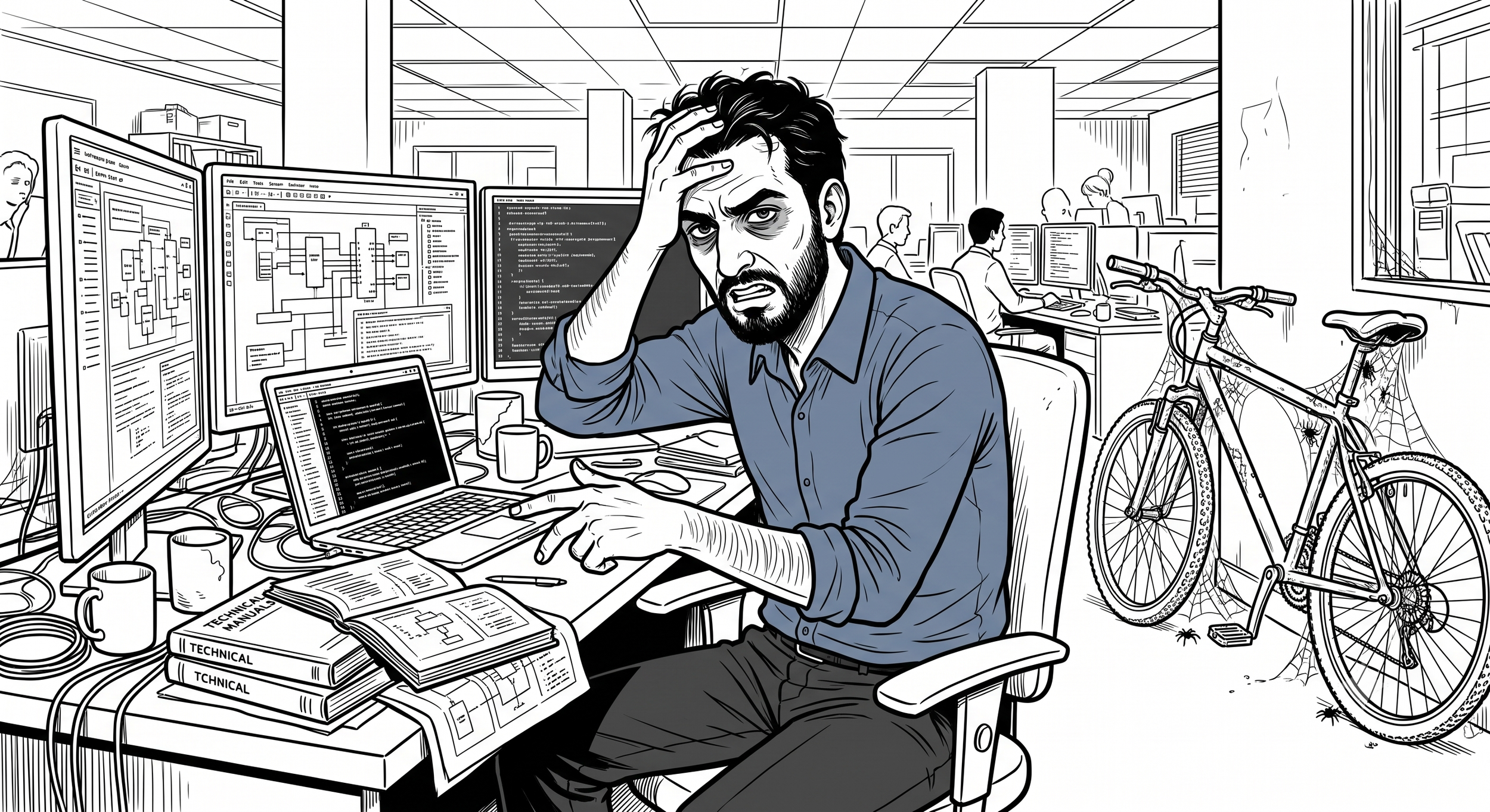 A black-and-white illustration of an office scene with a frustrated man sitting at a cluttered desk with multiple monitors displaying technical drawings and code. The man has dark hair, a beard, and is holding his forehead with a stressed expression. There are stacks of books titled 'Technical Manual' and 'Technical' on his desk, along with open notebooks, cups, and scattered papers. In the background, other people work at desks, and there is a bicycle with a spiderweb and small spiders nearby.