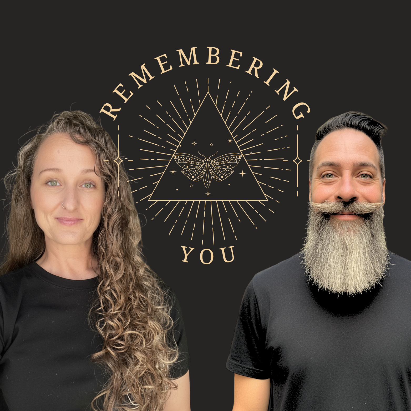 Two people standing side by side in front of a black background with a geometric design and the words "Reemerging You." The person on the left is a woman with long, curly brown hair, a nose ring, and wearing a black shirt. The person on the right is a man with a styled dark hair, a large gray beard, and wearing a black shirt.
