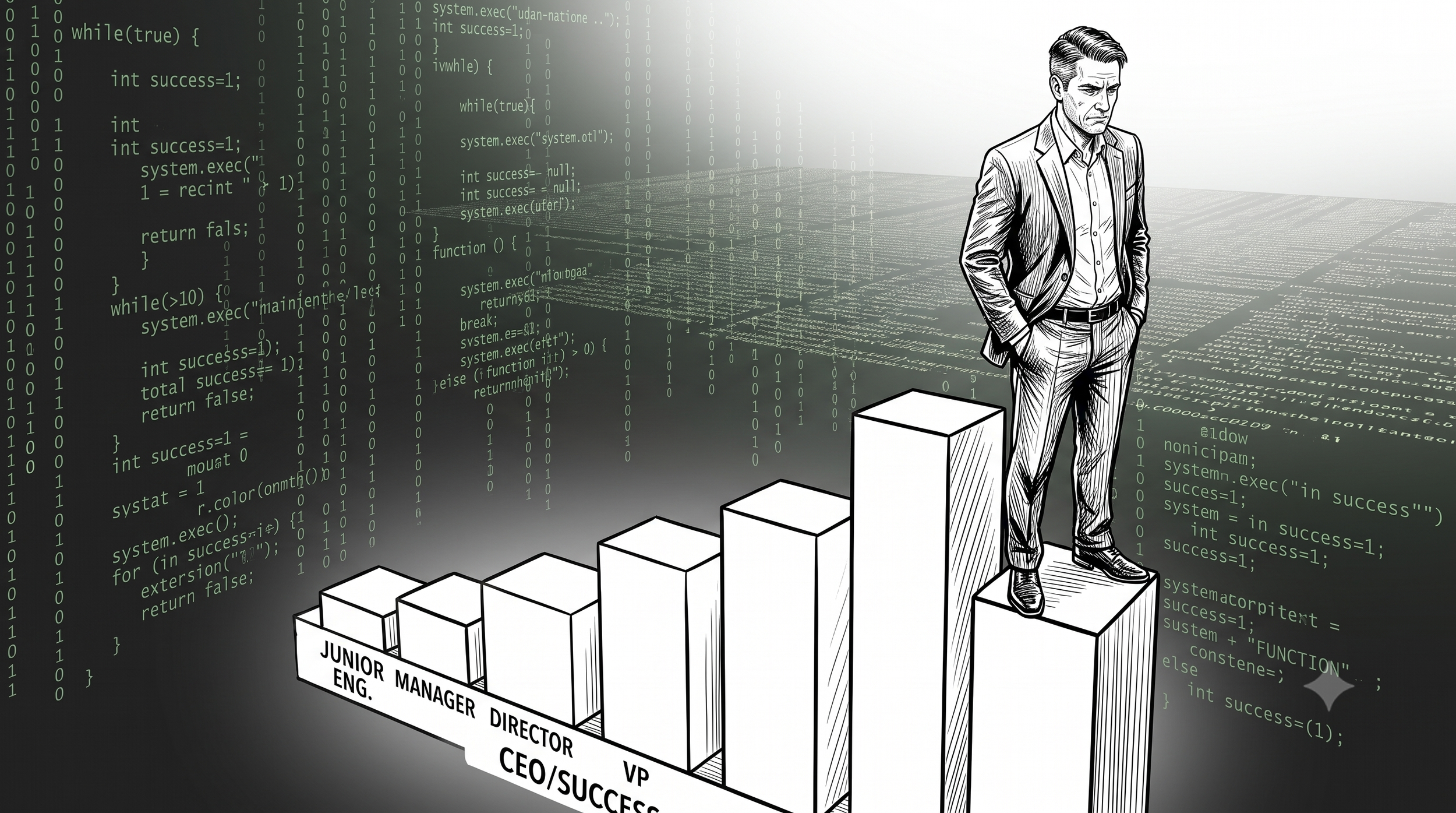 A black and white illustration of a man in business attire standing on top of a bar graph with labeled sections for executive roles and success levels. Behind him, there is a digital background of green computer code on a dark screen.