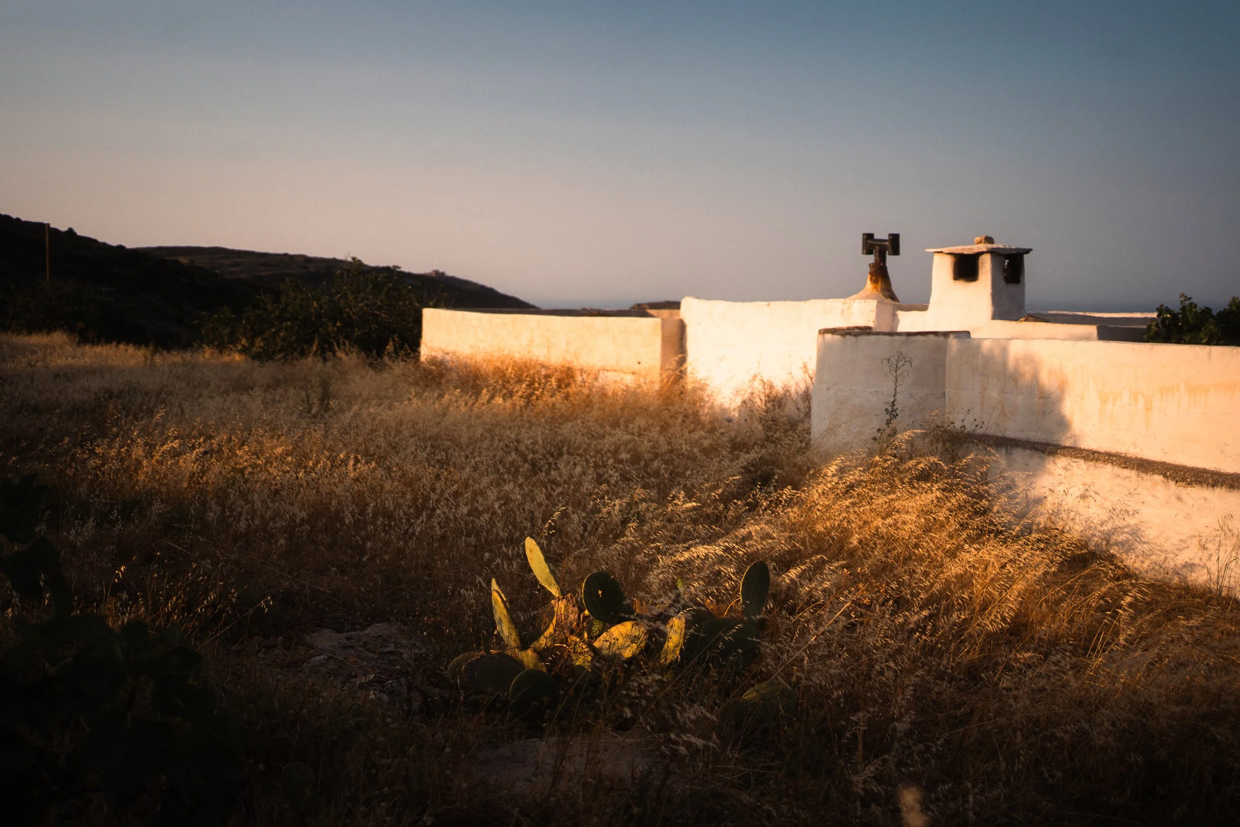 Sunset over a white stucco building with a chimney, plants, and hills in the background.