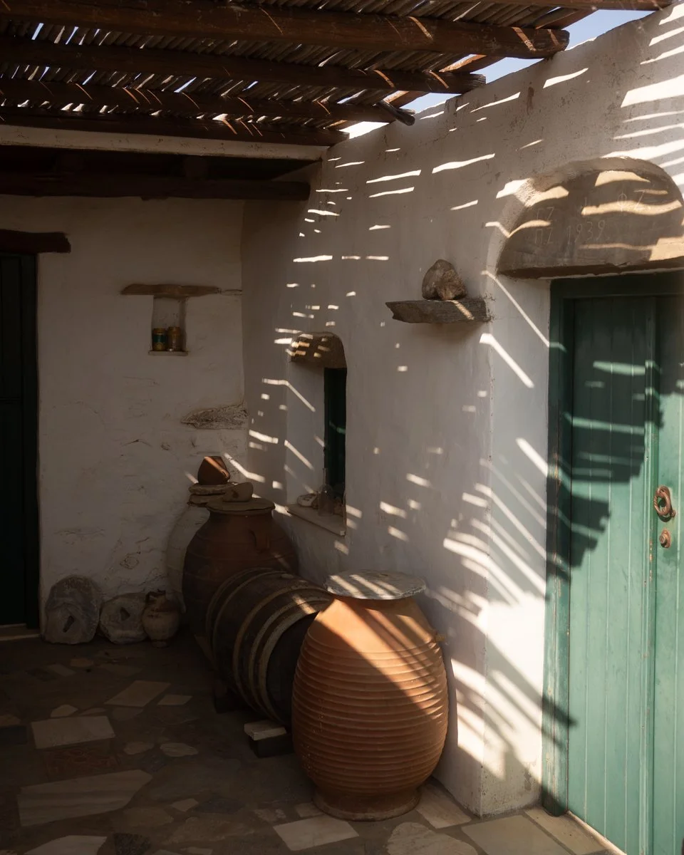 Sunlight creates striped shadows on a white wall with small shelves, a window, and a green door. There are large terracotta pots and stones on the floor.