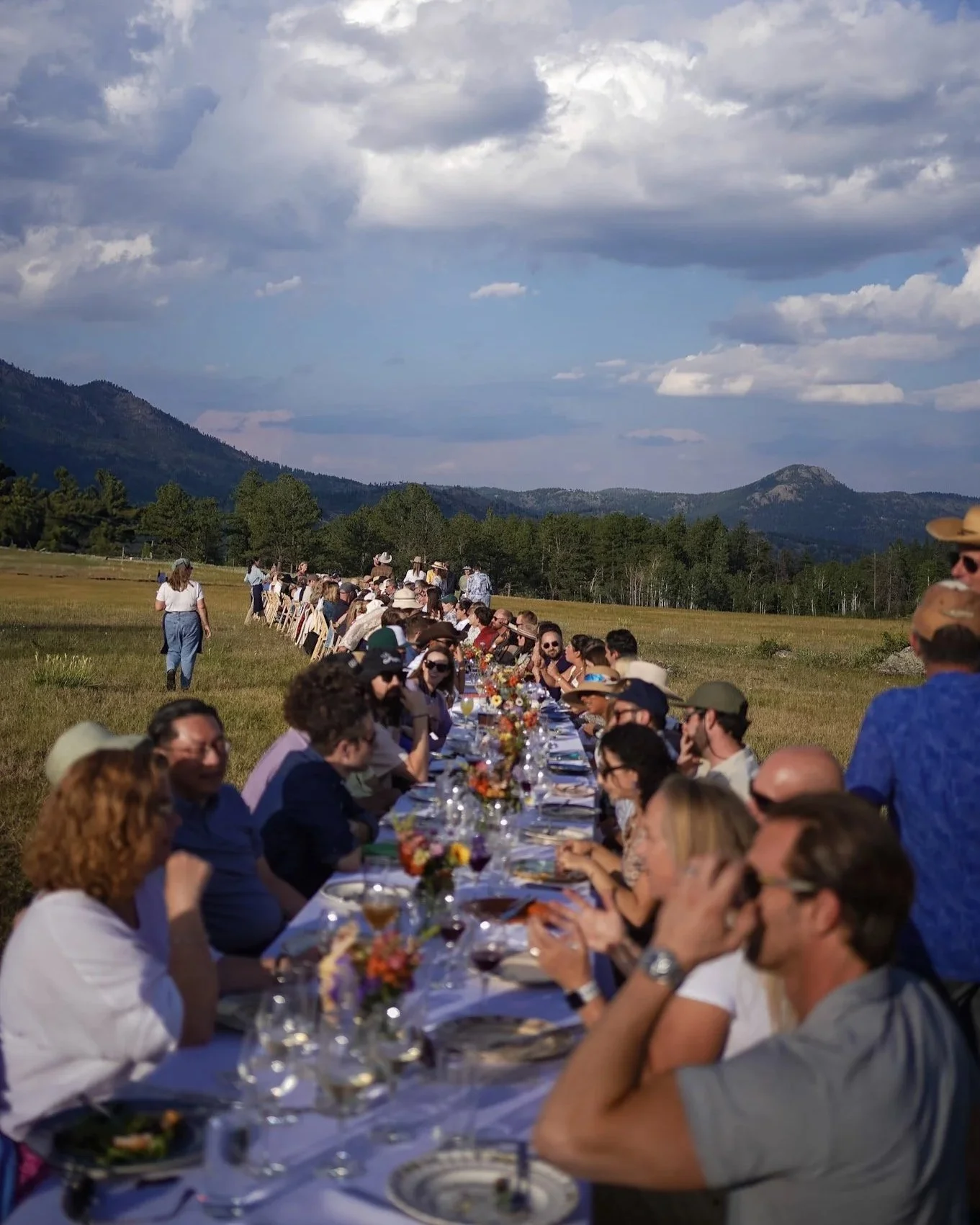 An outdoor gathering with a long banquet table set with flowers and dinnerware, stretching across a grassy field, with mountains and a cloudy sky in the background, and many people seated and standing around, enjoying the event.