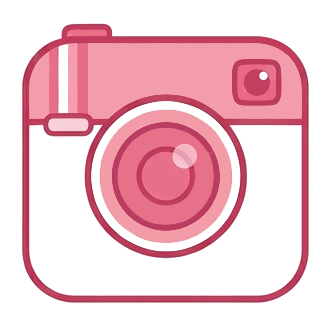 Pink insta-style camera icon with a large lens and small flash