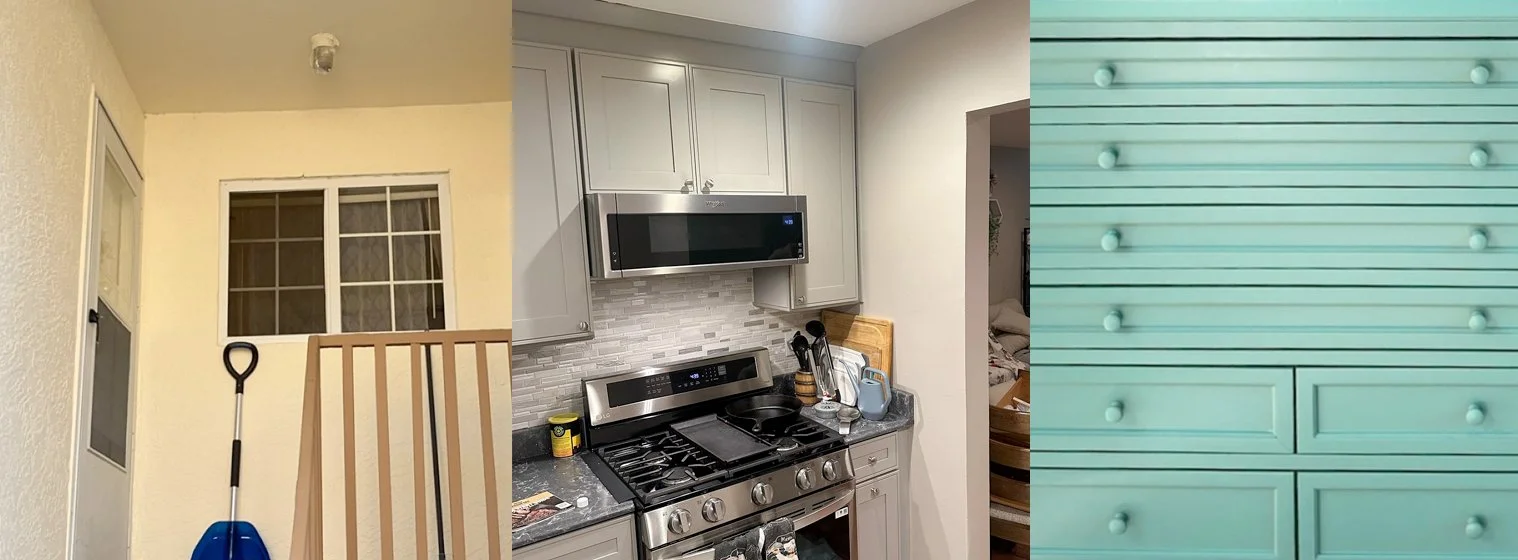 Three overlapping images. The first shows a small indoor patio or porch with a window, a door, a shovel, and a wooden safety gate. The second displays a modern kitchen with gray cabinets, a stainless steel stove, a microwave, and various kitchen items. The third image features a close-up of a mint green drawer chest with multiple drawers and knobs.