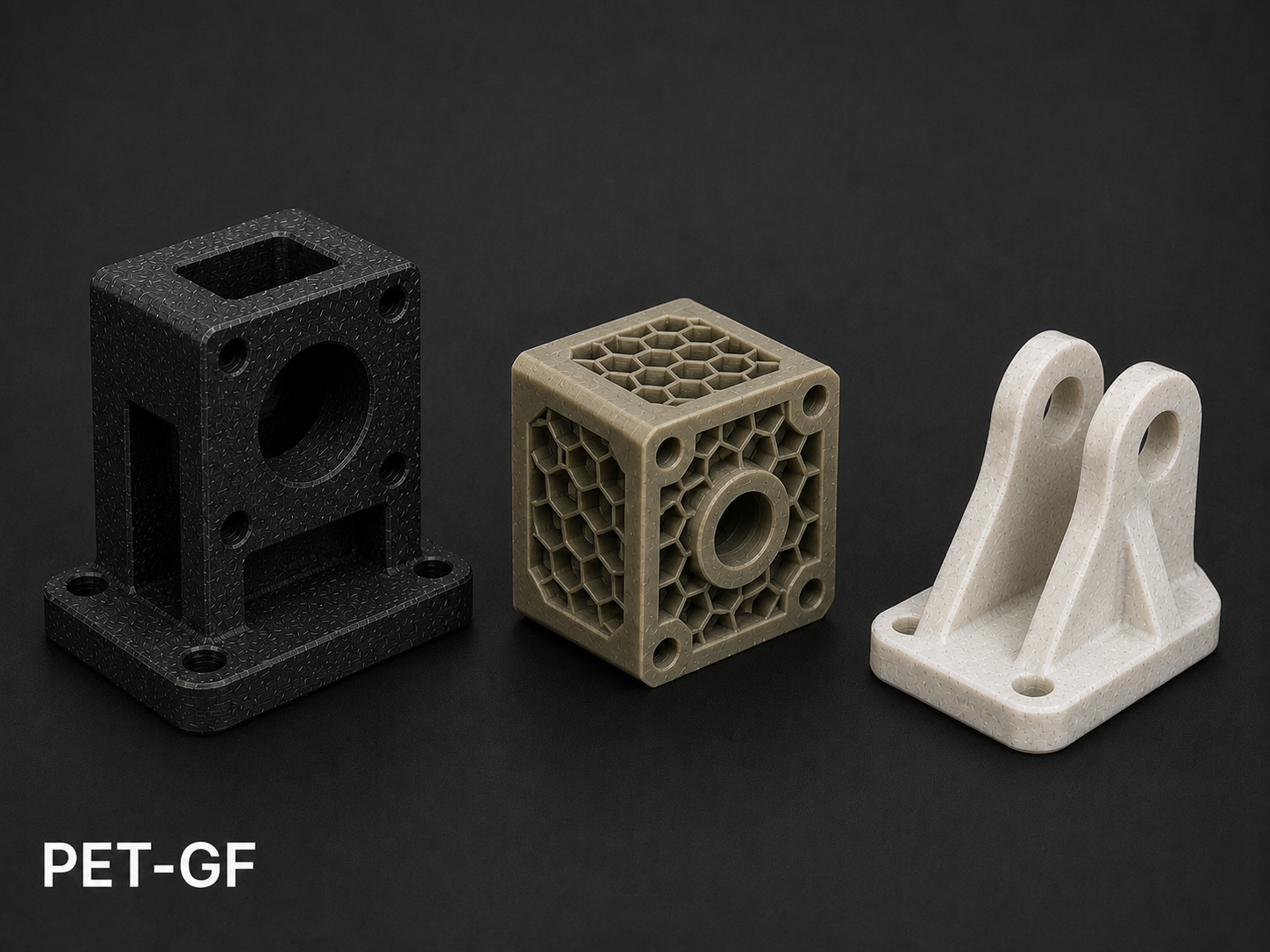 Three 3D-printed mechanical parts in black, beige, and white on a black background. The black part is a rectangular open-frame structure with circular and rectangular openings and mounting holes. The beige part is a cubic block with a honeycomb pattern on all faces and a central hole. The white part is a base with two double-arm supports, each with a circular hole at the top.