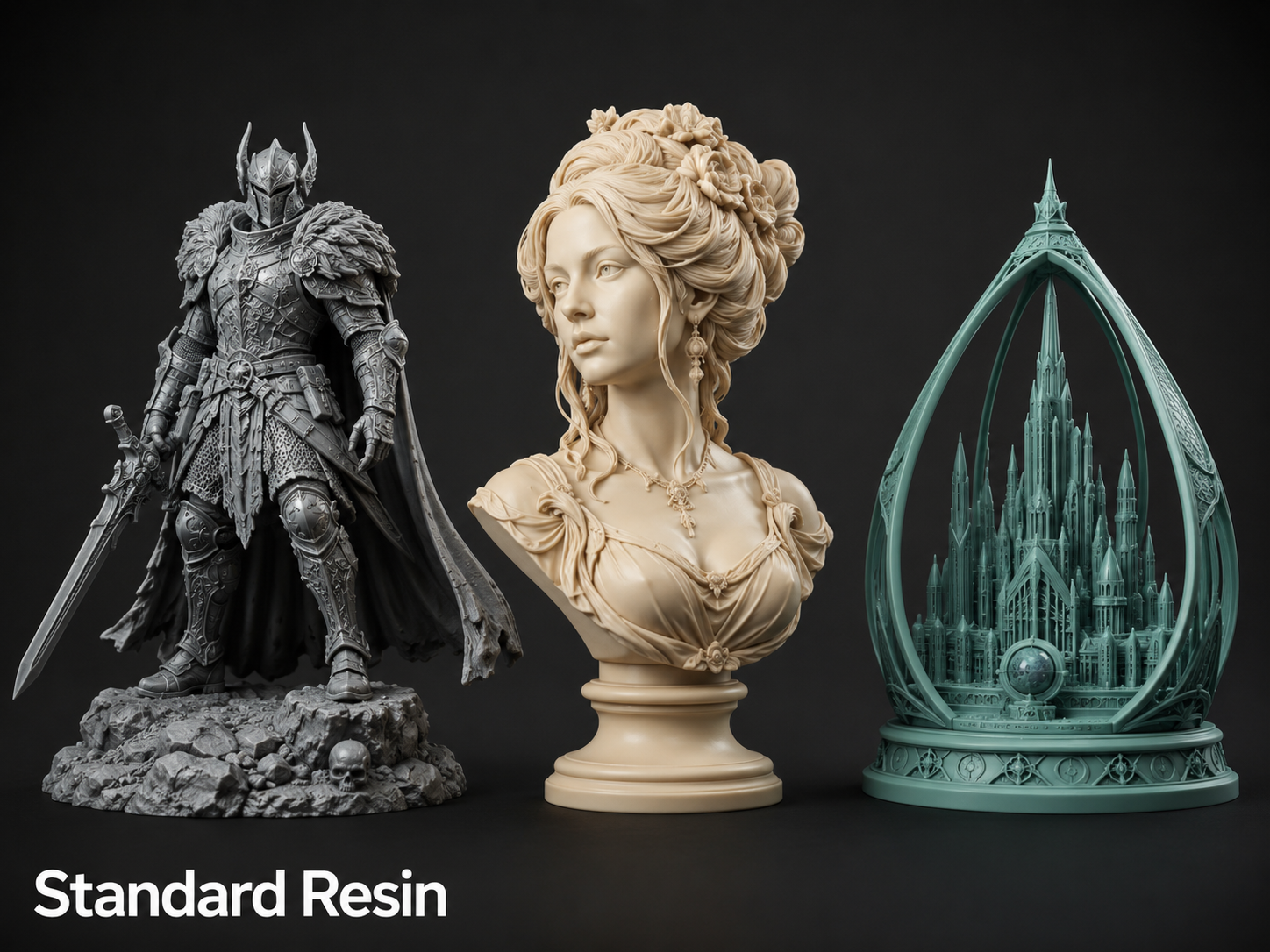Three detailed resin sculptures of fantasy characters and architecture: a knight in armor with a sword, a woman with elaborate hair and jewelry, and a futuristic castle enclosed in a glass dome.