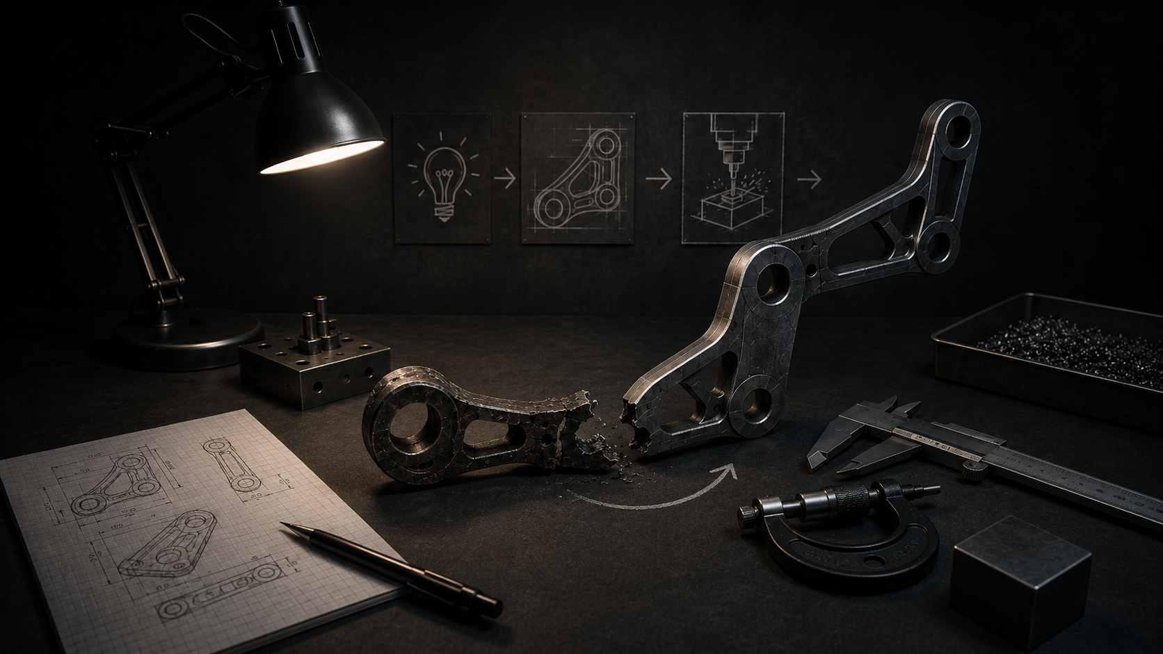 A workshop with metal mechanical parts, engineering drawings, tools, and sketches on paper, illuminated by a desk lamp, depicting the process of designing and manufacturing machine components.