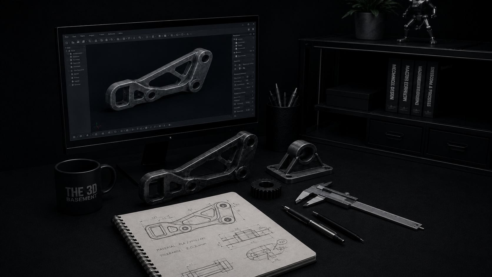 3D CAD design workspace with a computer monitor displaying a mechanical brake part, physical models and technical drawings of the part on the desk, along with tools like a caliper, gears, pens, and a mug labeled 'THE 3D BASEMENT'.