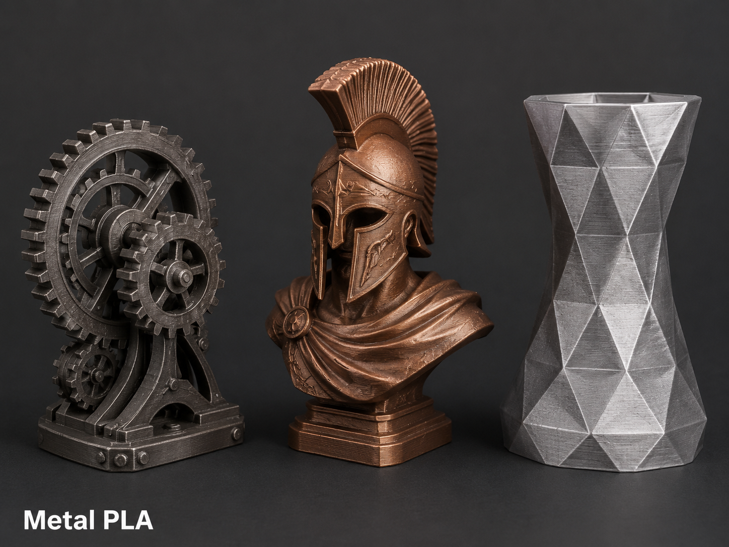 Three 3D-printed objects on a black background: a vintage-style gear mechanism, a bronze bust of a Greek warrior with a helmet and cape, and a tall, faceted geometric vase.