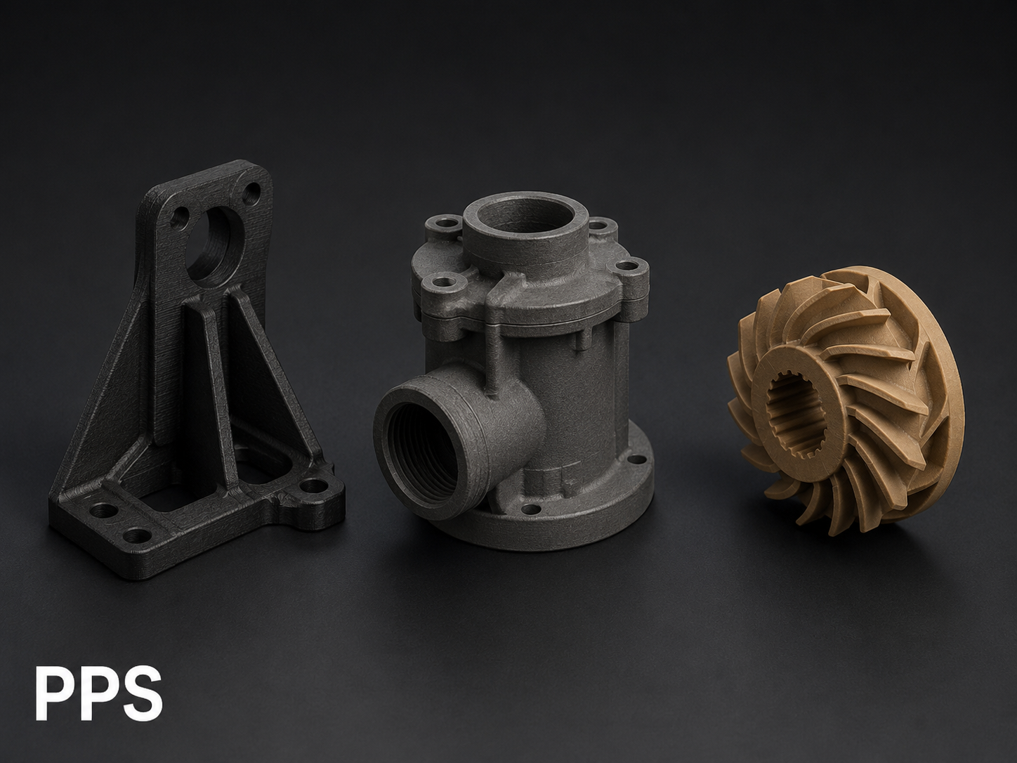 Three mechanical parts arranged on a dark background: a black L-shaped bracket on the left, a gray cylindrical component in the center, and a brown impeller with curved blades on the right.