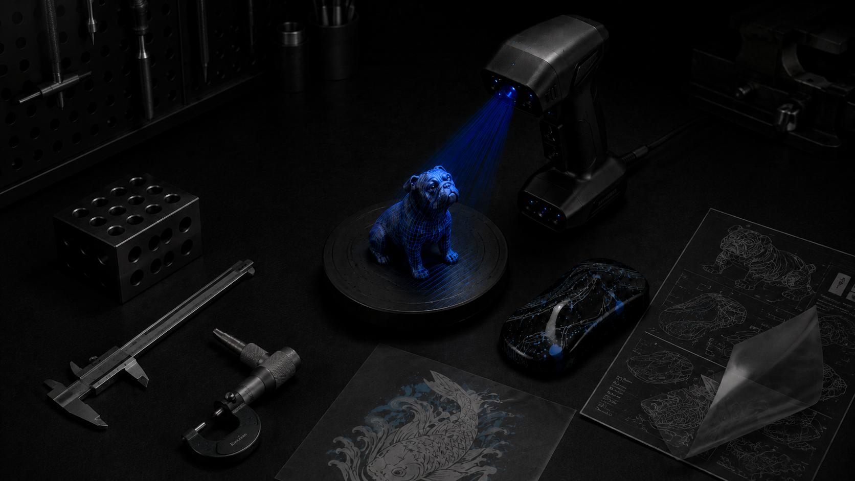 A holographic sculpture of a bulldog being scanned with a 3D scanner on a black workspace surrounded by tools, blueprints, and technical drawings.
