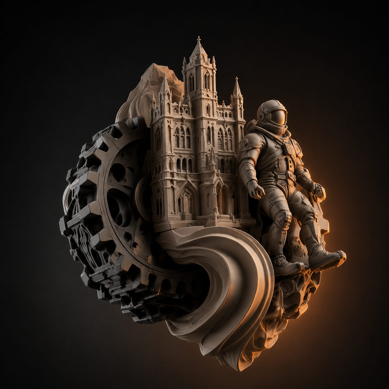 A digital art composition featuring a detailed spaceship’s inner mechanisms, a gothic-style castle, and an astronaut sitting on a swirling structure, all illuminated with warm lighting against a black background.