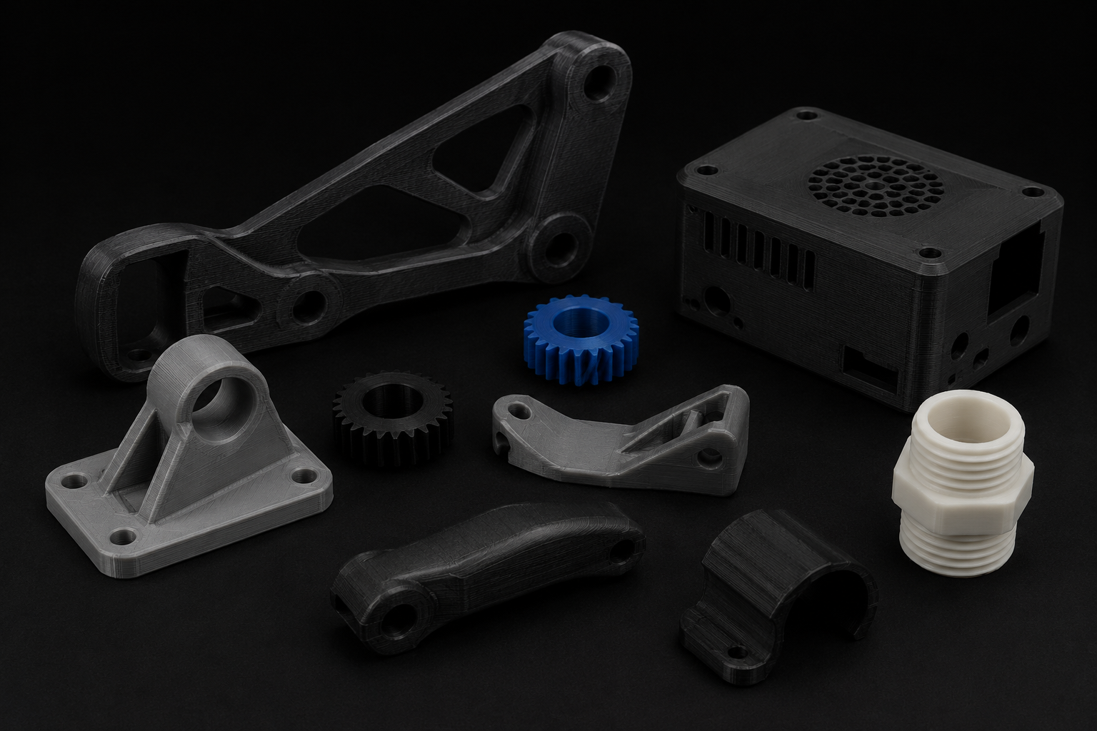 Collection of black, white, gray, blue, and transparent 3D-printed mechanical parts on black background.