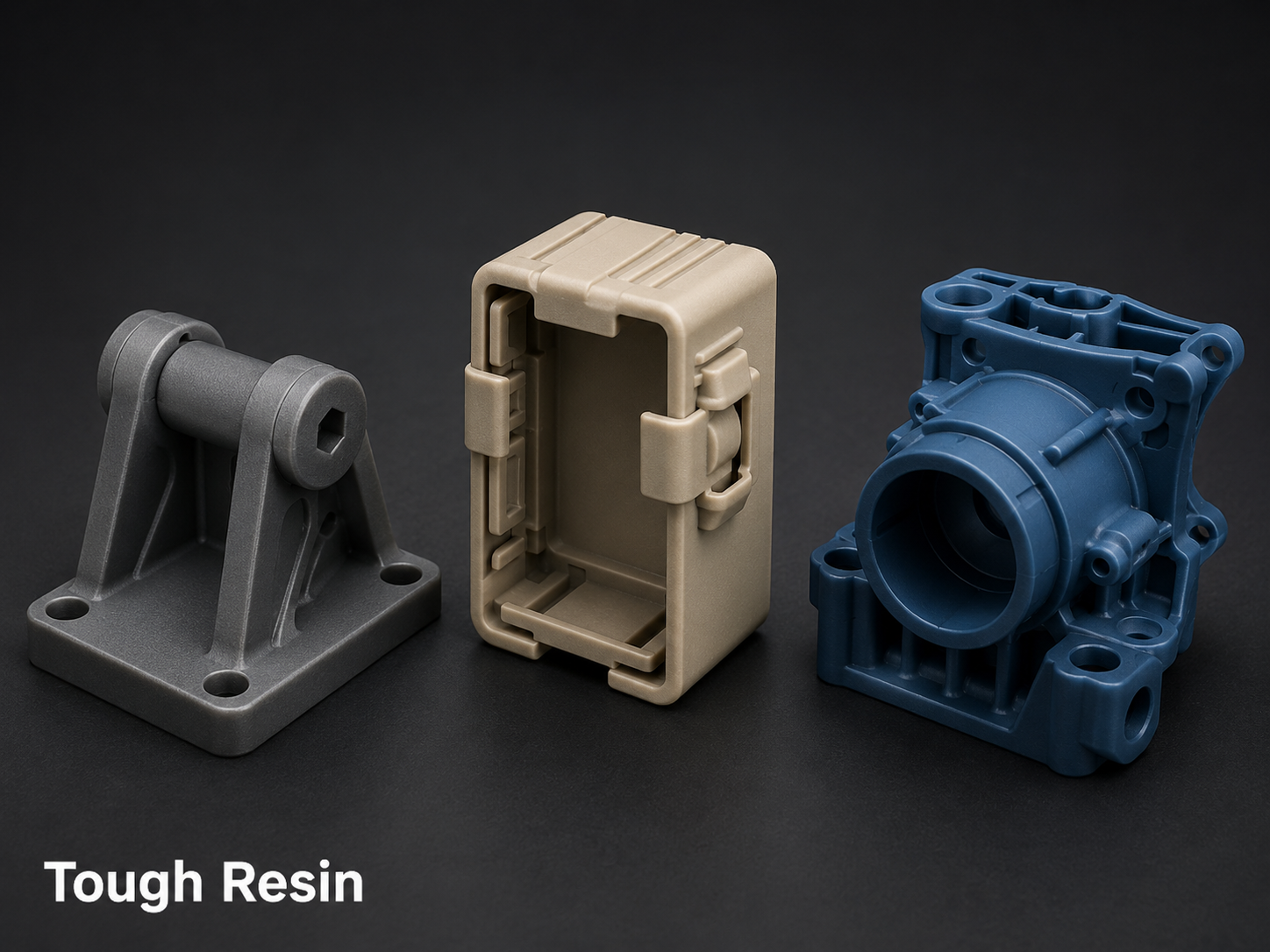 Three different types of rugged, durable plastic parts displayed on a black background, with the text 'Tough Resin' at the bottom.
