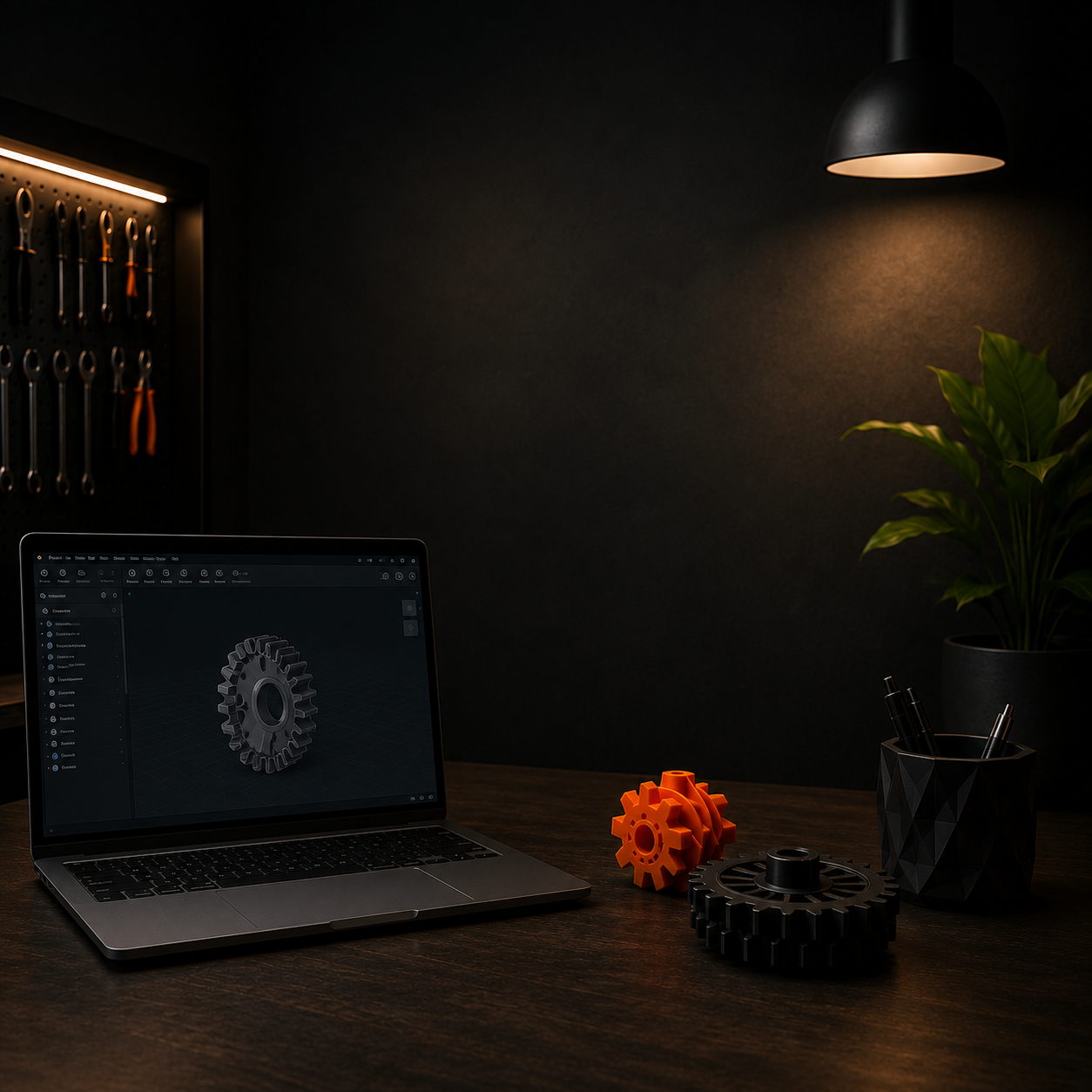 A computer workstation with a laptop, mechanical gears, a black cup with pens, a plant, and a tool wall in dim lighting.