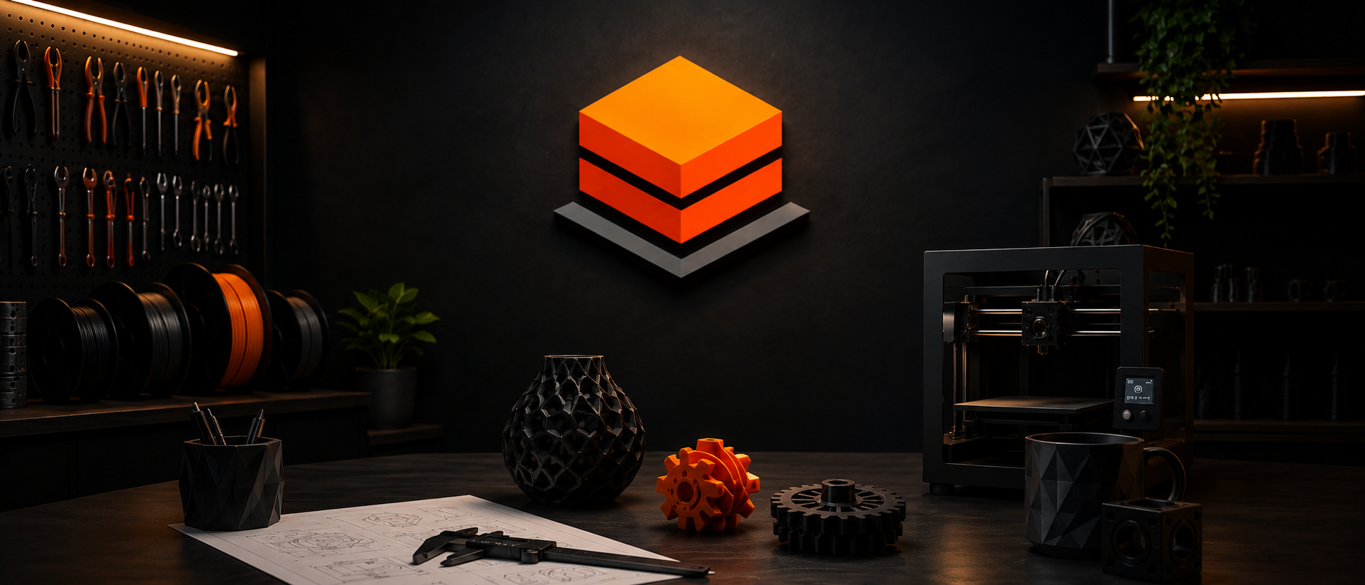 Modern workspace with 3D printer, orange and black gears, black mug, blueprint, and tools on a dark desk. Wall-mounted tools on the left and 3D printer on the right. Geometric decor and plant visible.