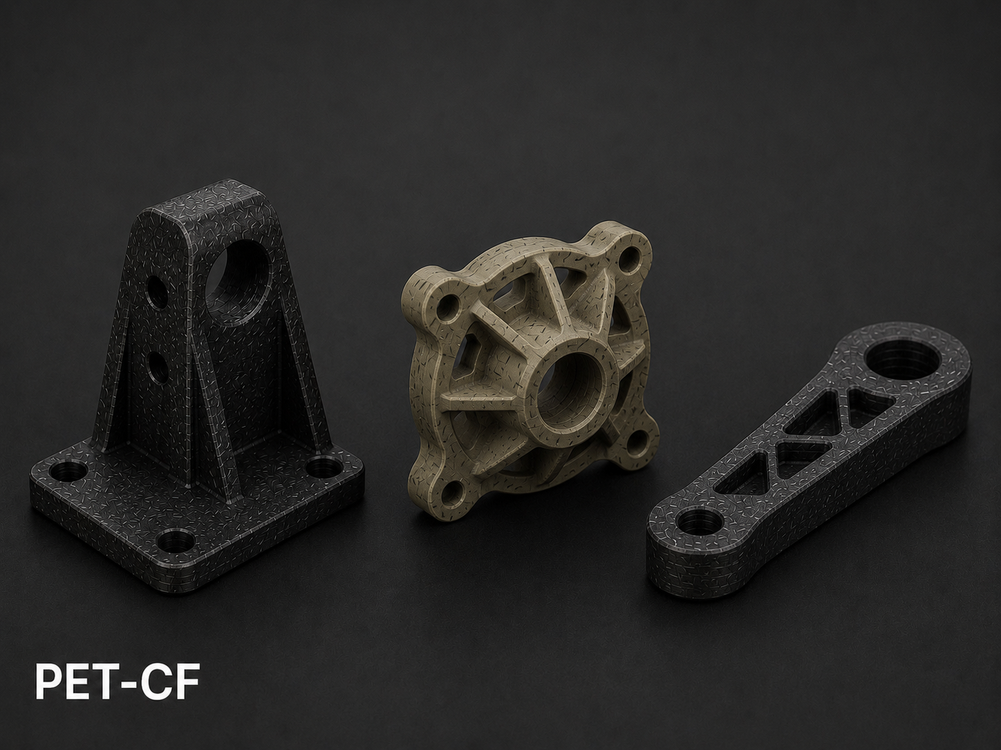 Three 3D-printed mechanical or industrial components on a black background, labeled 'PET-CF', with textured surfaces in black and beige colors.