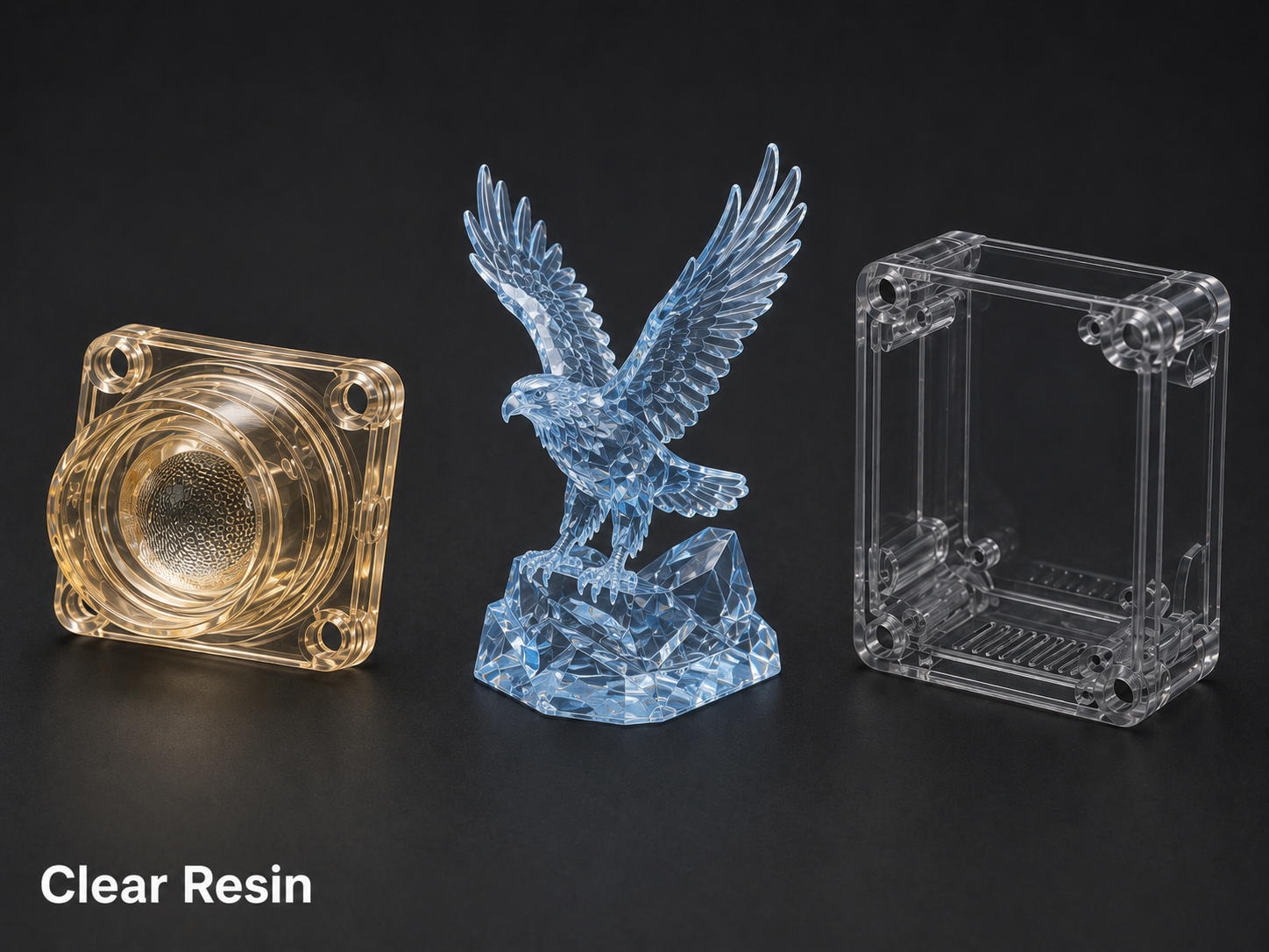 Three clear resin items: an intricate square piece on the left, a detailed eagle sculpture in the middle, and an empty square box on the right, all placed on a black surface.