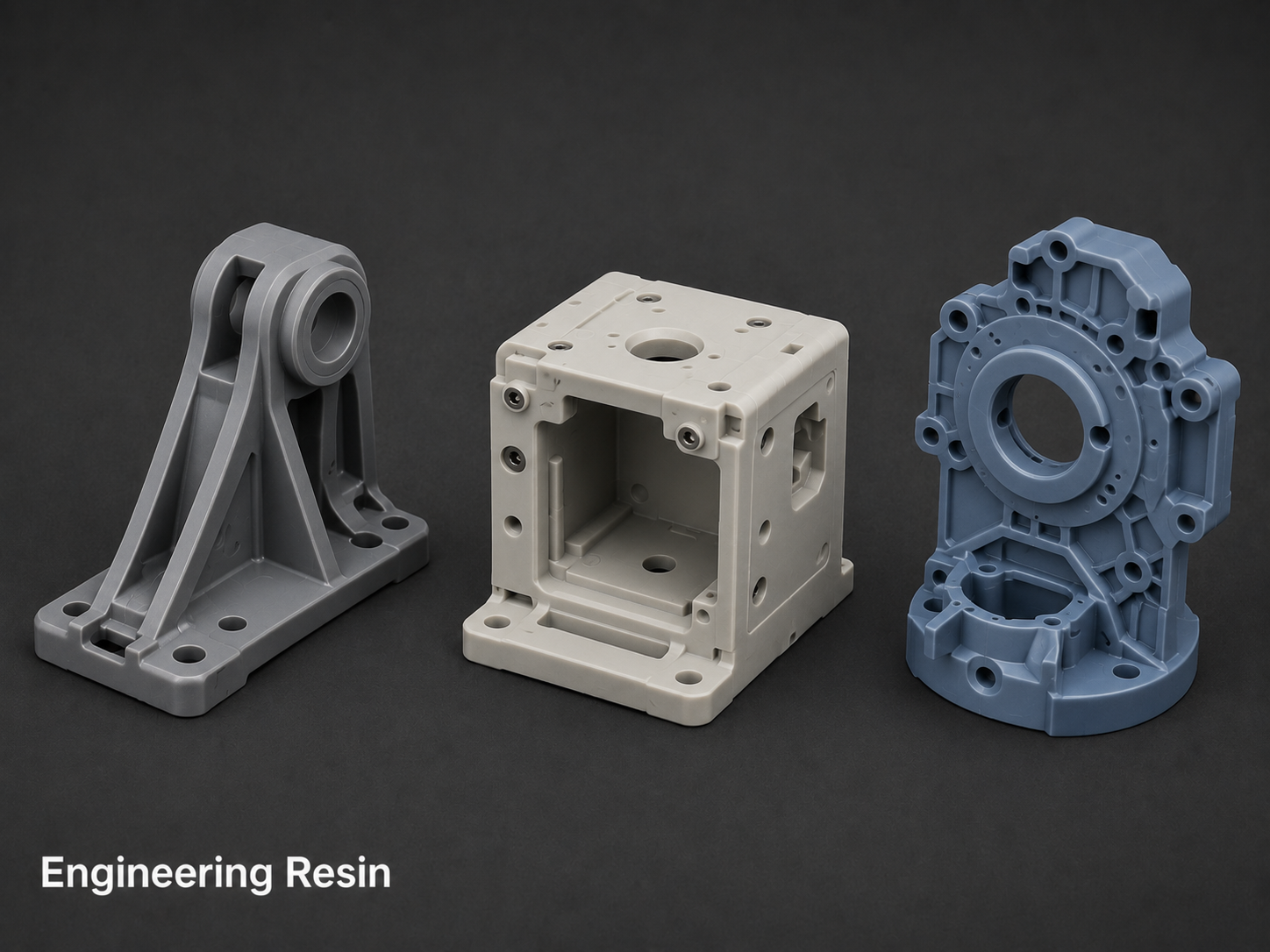 Three different colored engineering resin parts on a dark background, from left to right: gray, off-white, and blue.