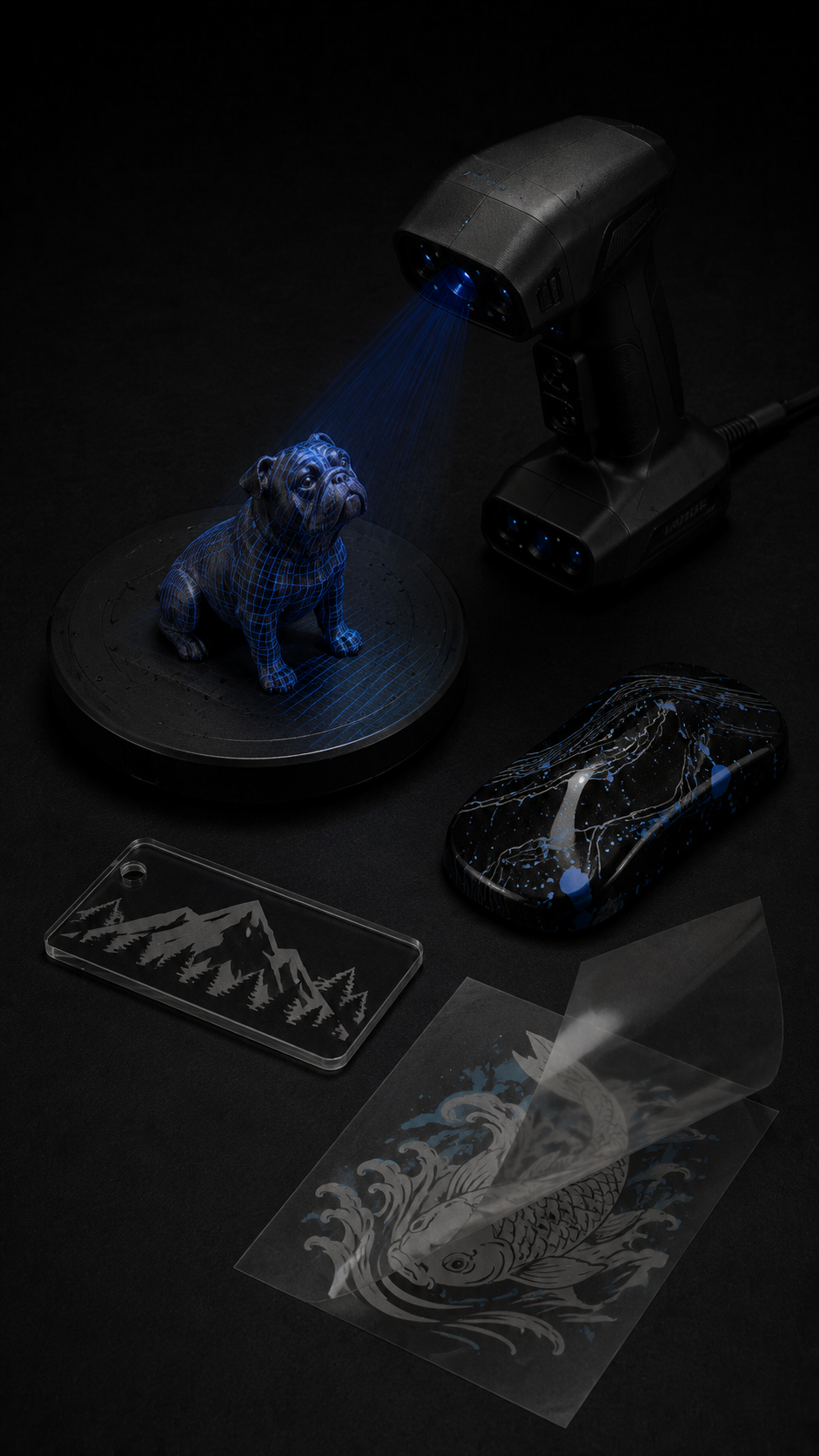 A 3D scanner aimed at a small dog figurine, with various printing and design tools on a black surface.