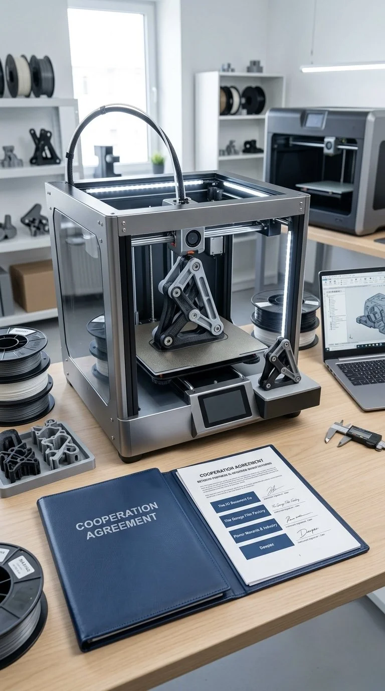 A desktop 3D printer in a modern workspace with spools of filament, a laptop, and a cooperation agreement document