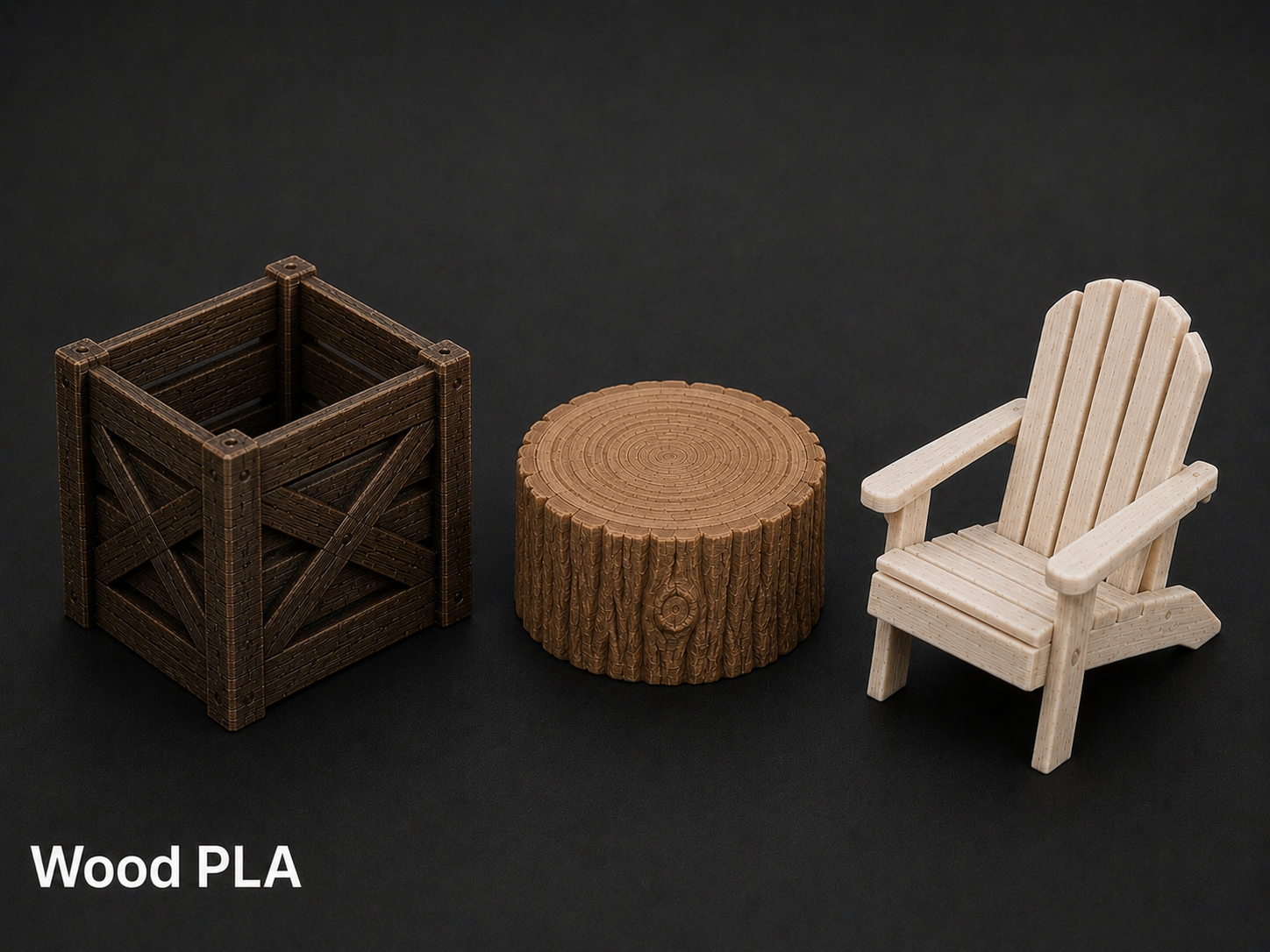 Three small wooden furniture pieces on a black surface: a dark brown open-top cube-shaped planter, a round wooden table resembling a tree cross-section, and a light-colored Adirondack-style chair.