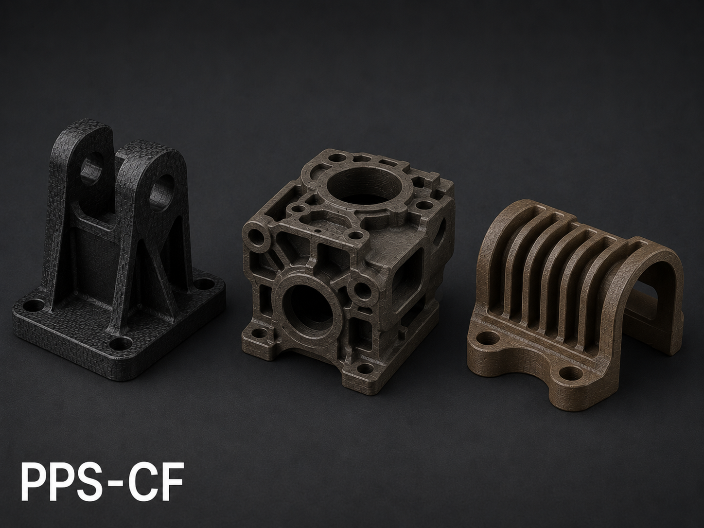 Three 3D-printed engine parts on a black background, labeled PPS-CF.
